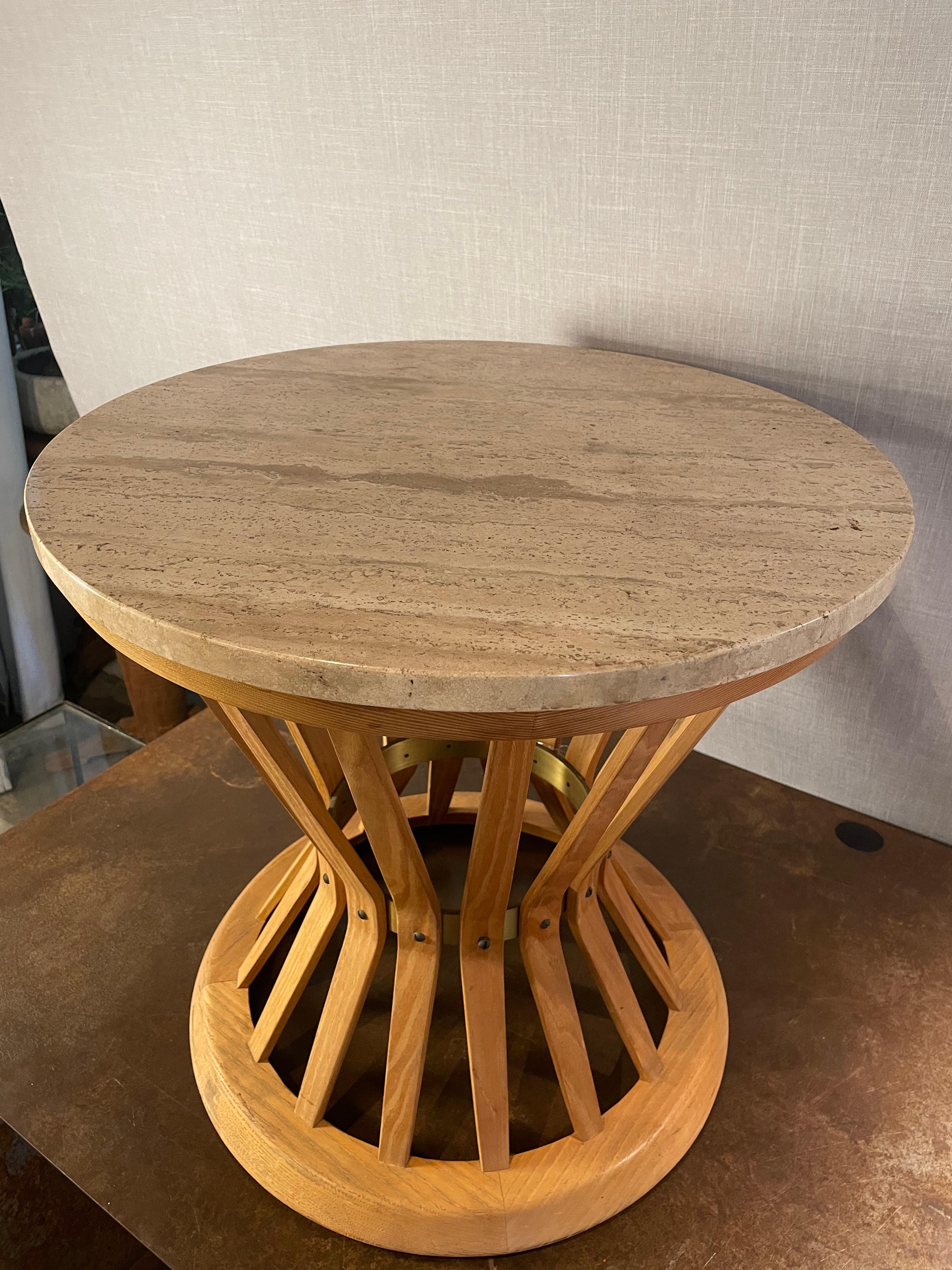 Hand-Crafted Edward Wormley for Dunbar Travertine & Sculpted Walnut Sheaf of Wheat Table For Sale