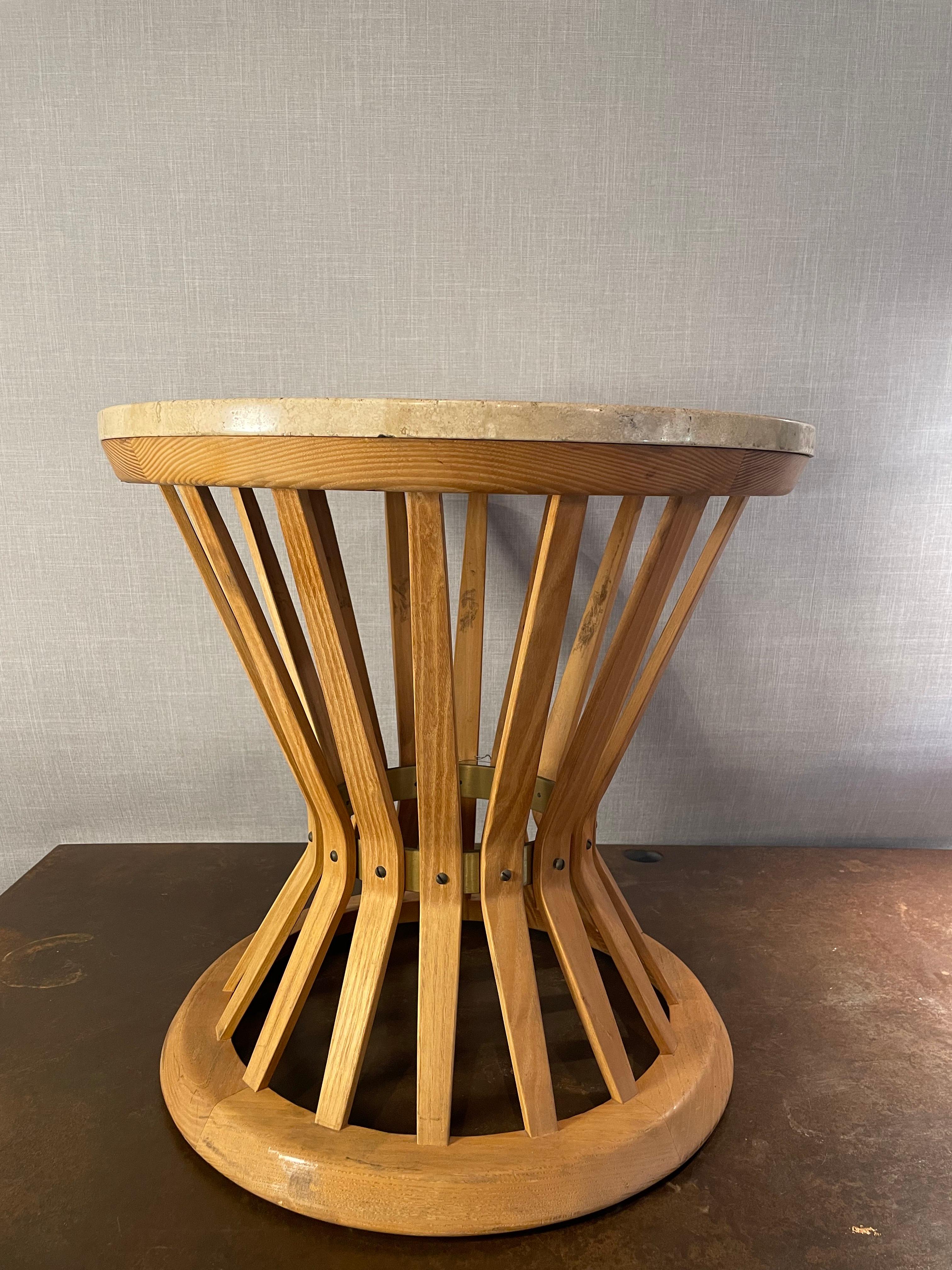 Edward Wormley for Dunbar Travertine & Sculpted Walnut Sheaf of Wheat Table In Good Condition For Sale In West Hollywood, CA