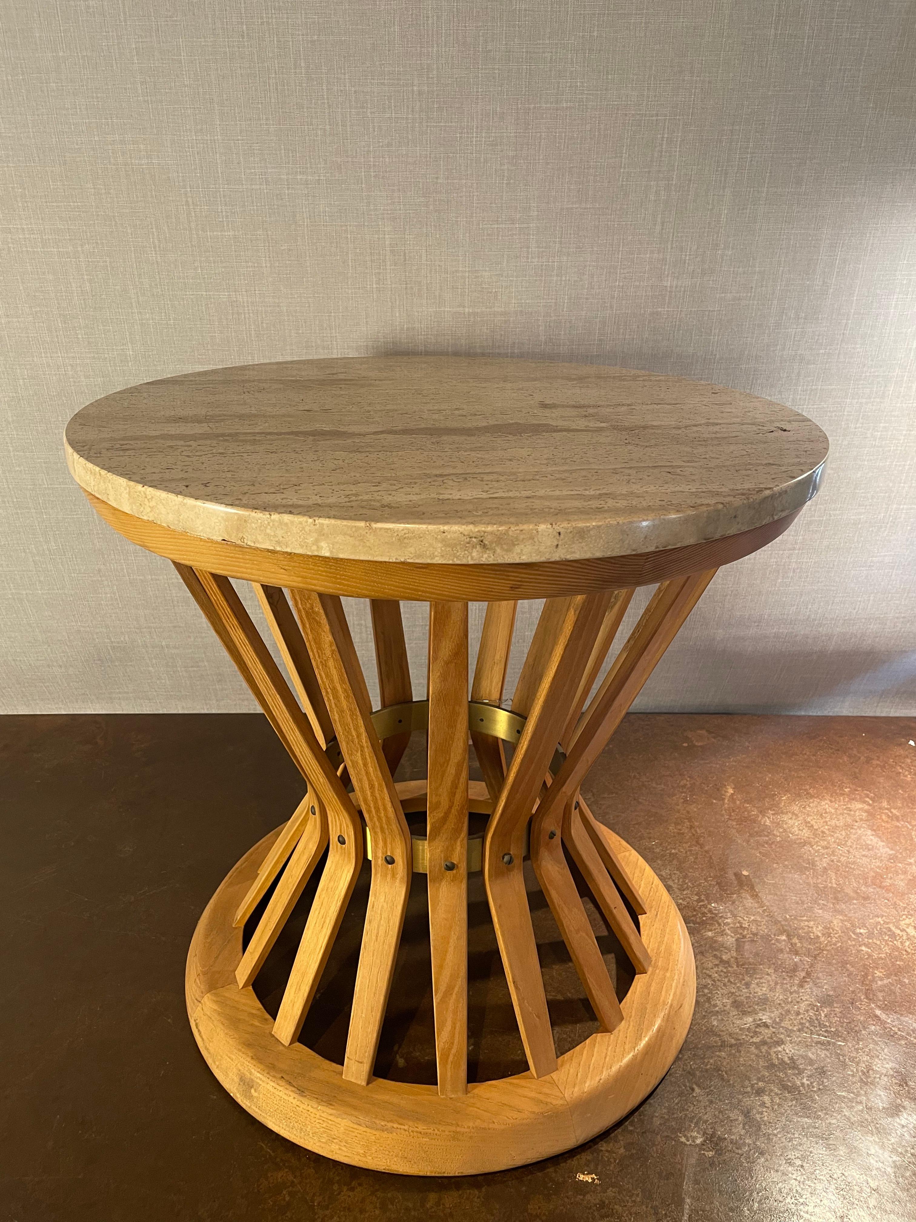Mid-20th Century Edward Wormley for Dunbar Travertine & Sculpted Walnut Sheaf of Wheat Table For Sale