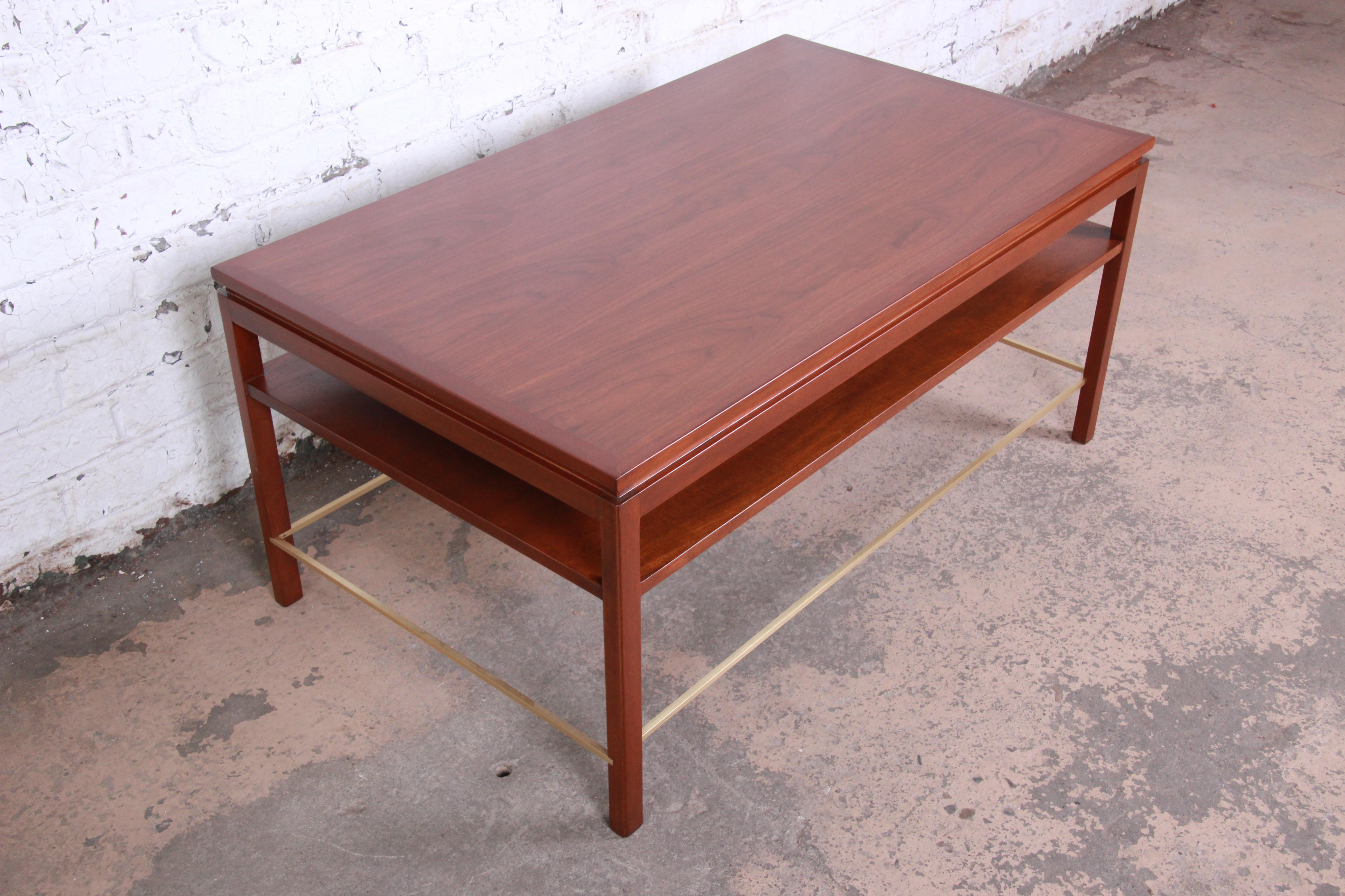 Mid-20th Century Edward Wormley for Dunbar Two-Tier Walnut and Brass Cocktail Table, Refinished For Sale