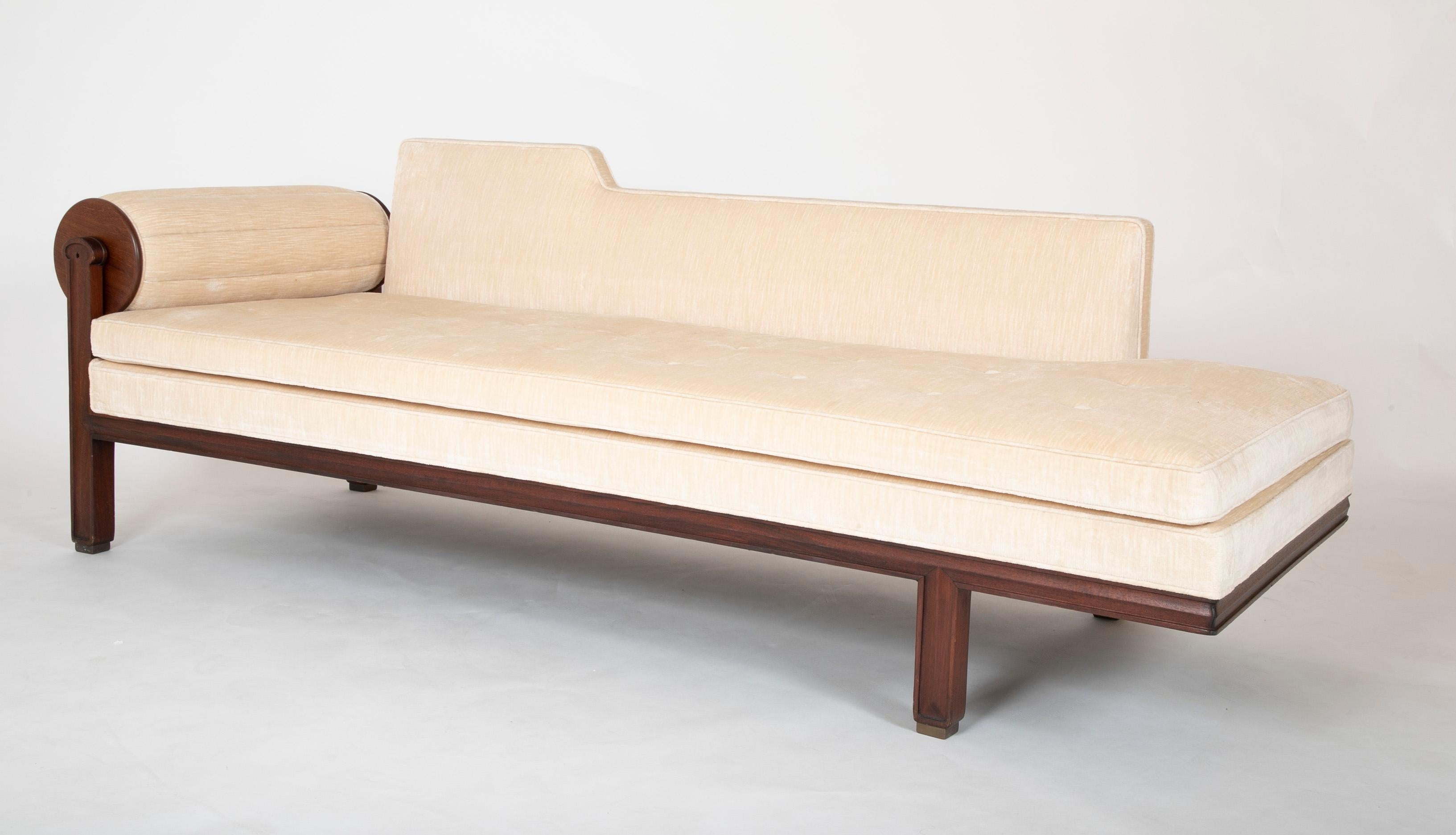 Edward Wormley for Dunbar upholstered daybed having a walnut frame and brass feet. Possibly part of the Janus Collection.