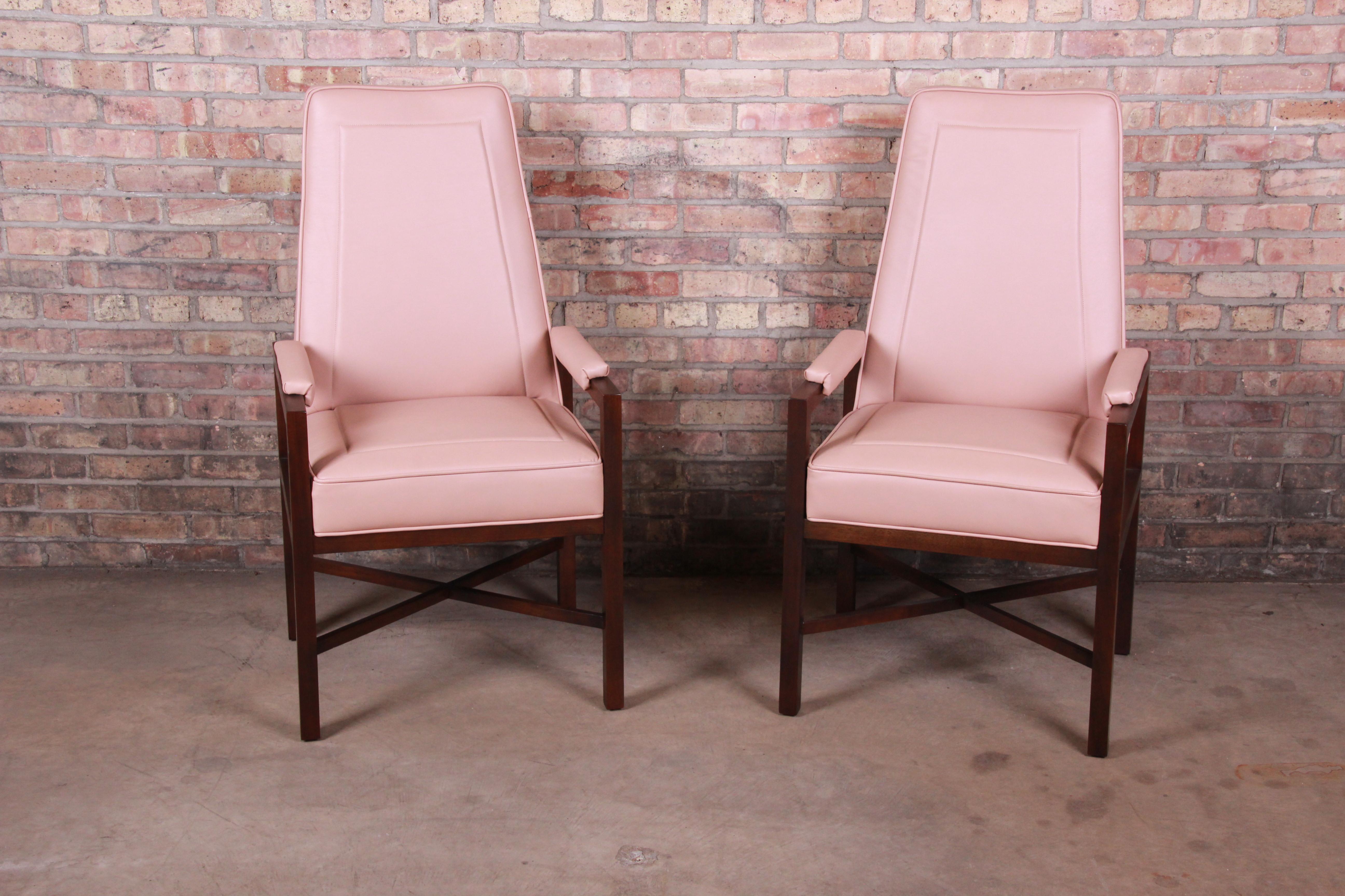 American Edward Wormley for Dunbar Walnut and Leather X-Base High Back Armchairs, Pair