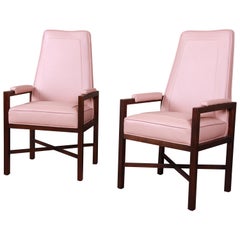 Edward Wormley for Dunbar Walnut and Leather X-Base High Back Armchairs, Pair