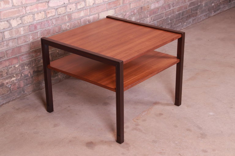 Mid-Century Modern Edward Wormley for Dunbar Walnut and Mahogany Two-Tier Side Table, Restored For Sale