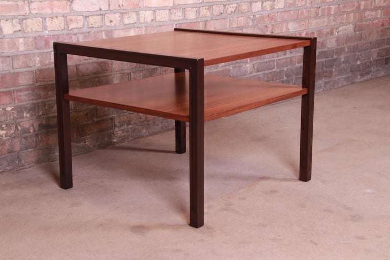 American Edward Wormley for Dunbar Walnut and Mahogany Two-Tier Side Table, Restored For Sale
