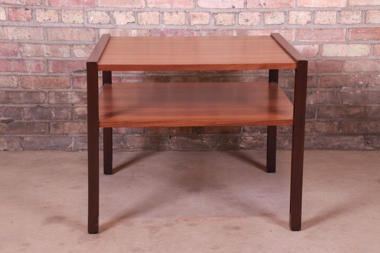Edward Wormley for Dunbar Walnut and Mahogany Two-Tier Side Table, Restored In Good Condition For Sale In South Bend, IN