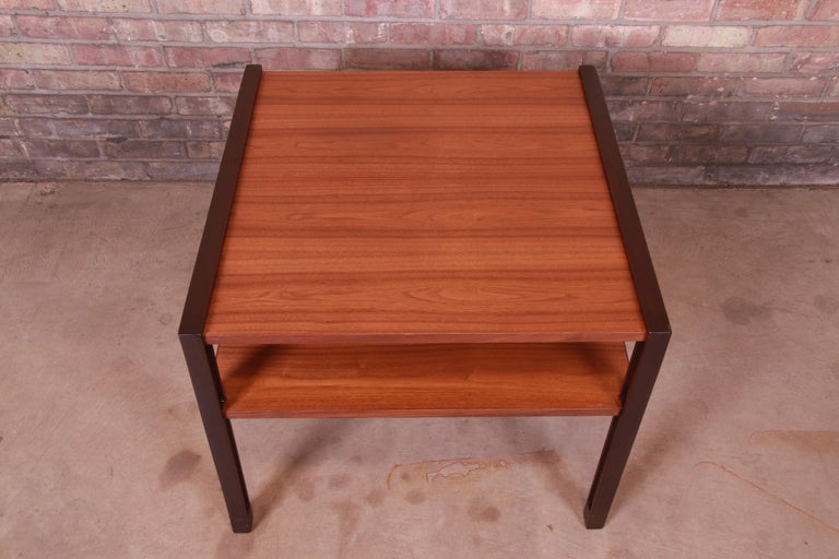 Edward Wormley for Dunbar Walnut and Mahogany Two-Tier Side Table, Restored For Sale 1