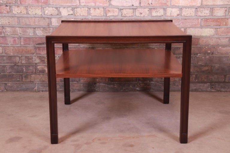Edward Wormley for Dunbar Walnut and Mahogany Two-Tier Side Table, Restored For Sale 2