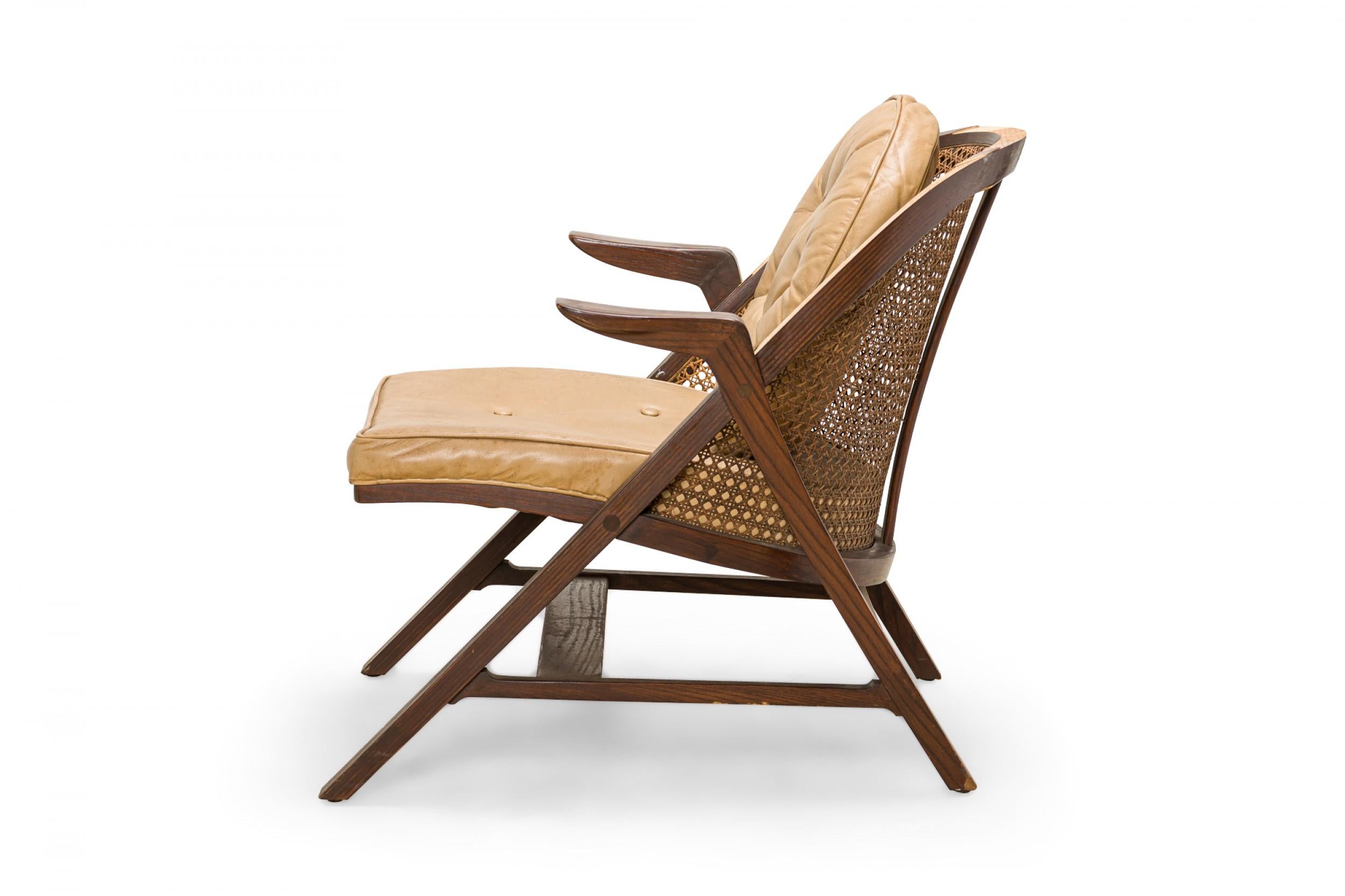 Mid-Century Modern Edward Wormley for Dunbar Walnut, Cane, and Tan Leather 'Janus' Lounge Armchair For Sale