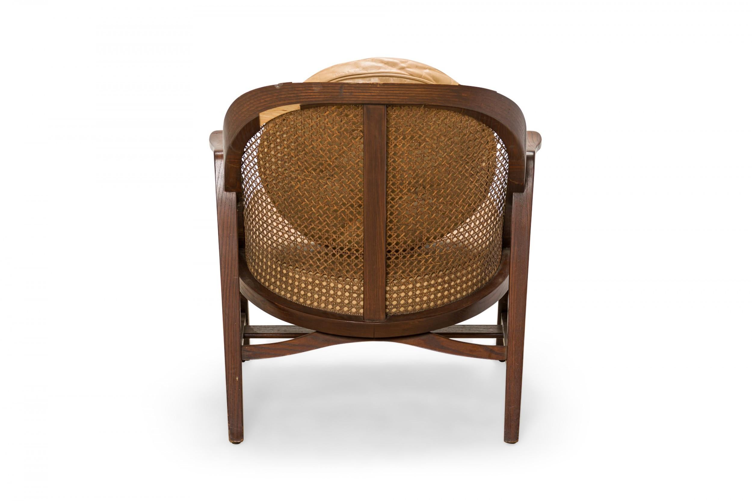 Edward Wormley for Dunbar Walnut, Cane, and Tan Leather 'Janus' Lounge Armchair In Good Condition For Sale In New York, NY