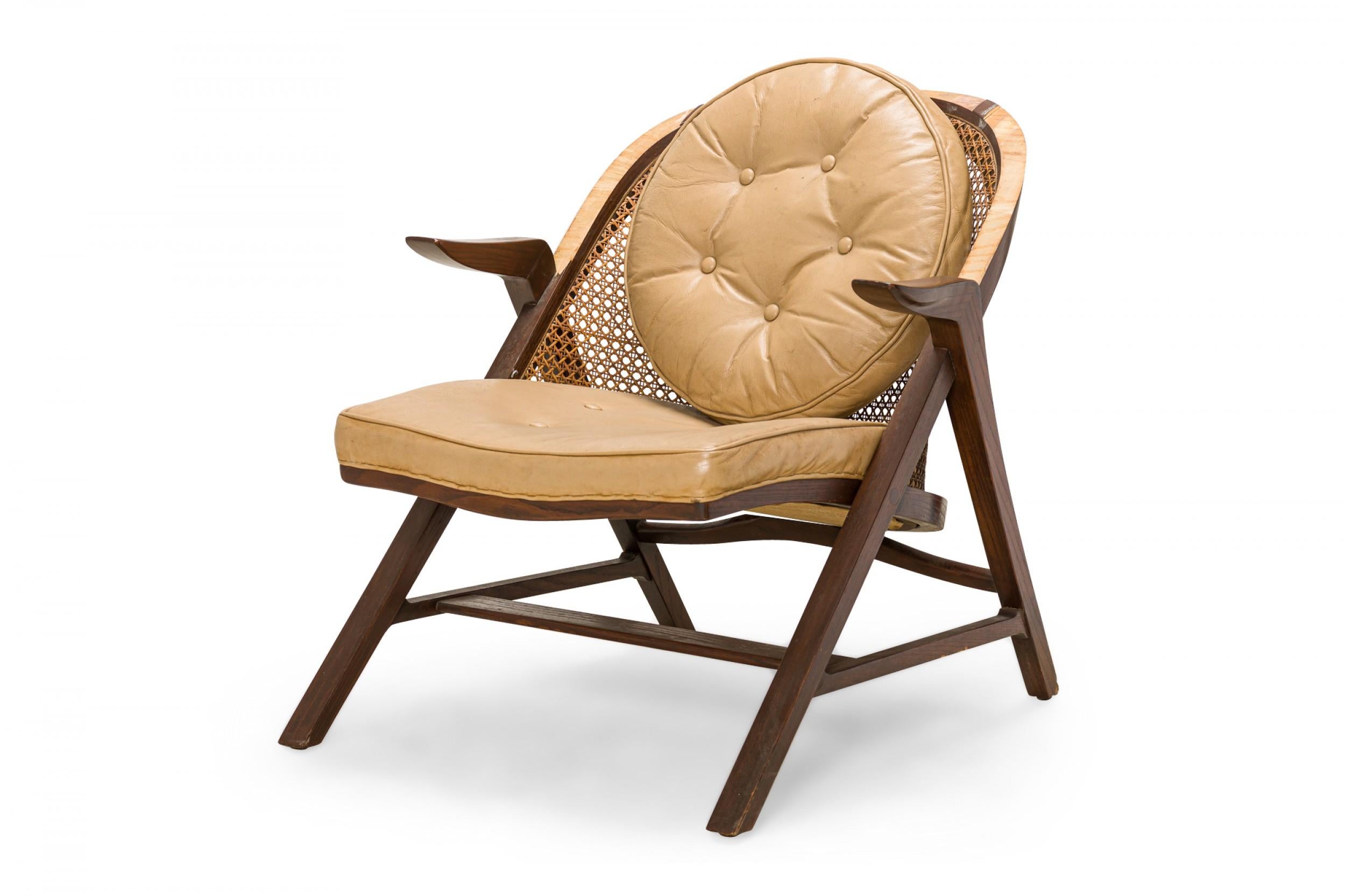 Edward Wormley for Dunbar Walnut, Cane, and Tan Leather 'Janus' Lounge Armchair For Sale