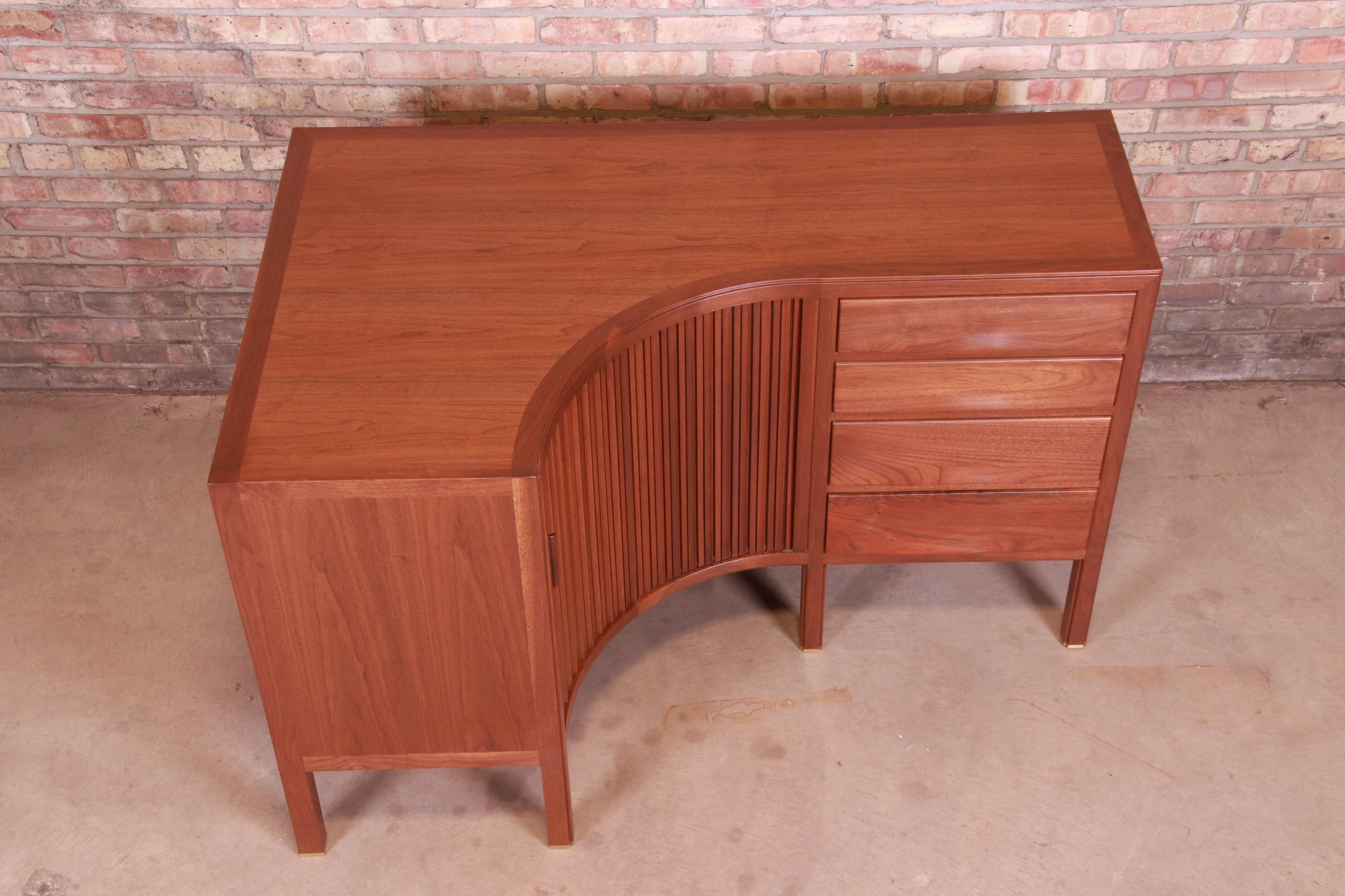 Edward Wormley for Dunbar Walnut Tambour Door Corner Credenza, Newly Refinished In Good Condition In South Bend, IN
