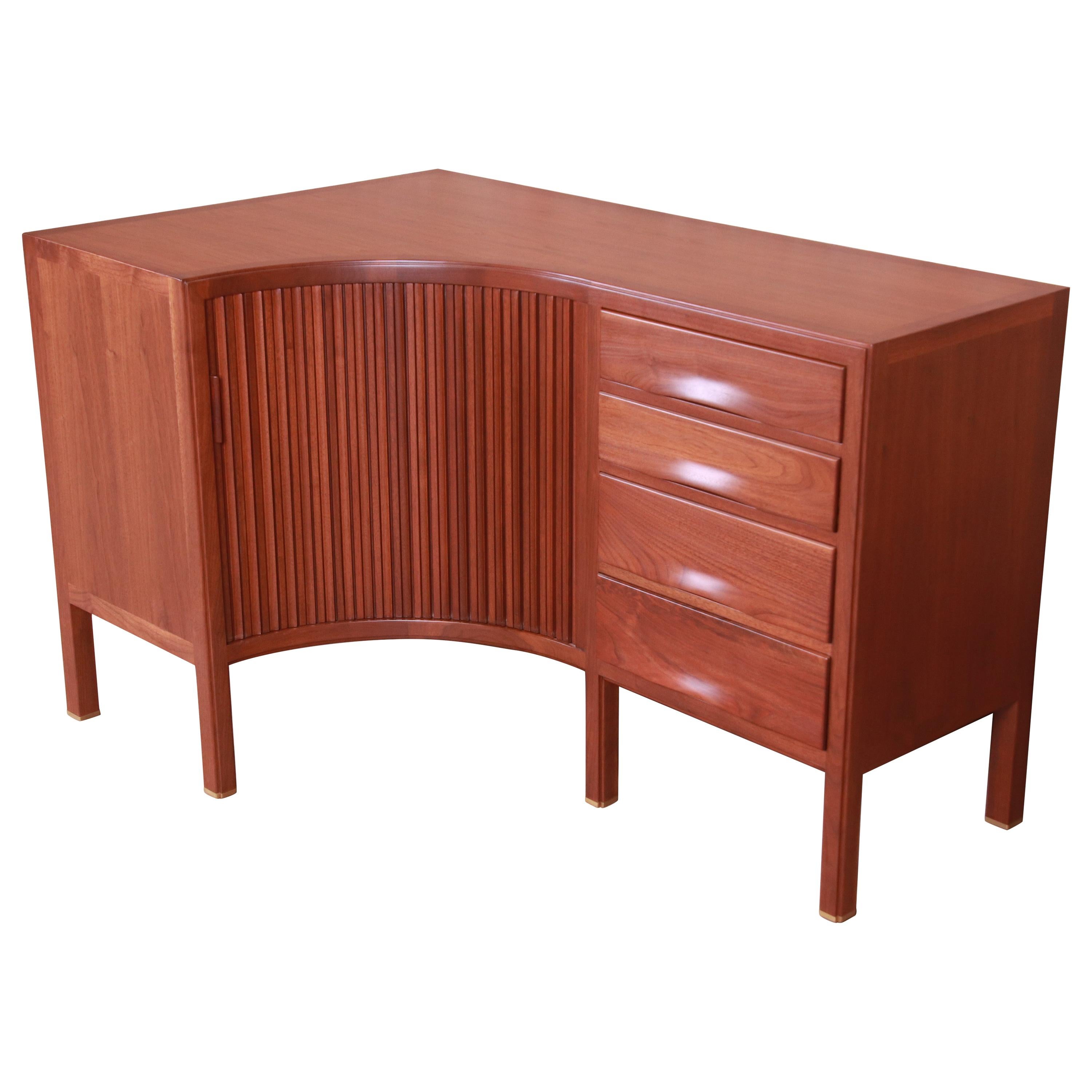 Edward Wormley for Dunbar Walnut Tambour Door Corner Credenza, Newly Refinished