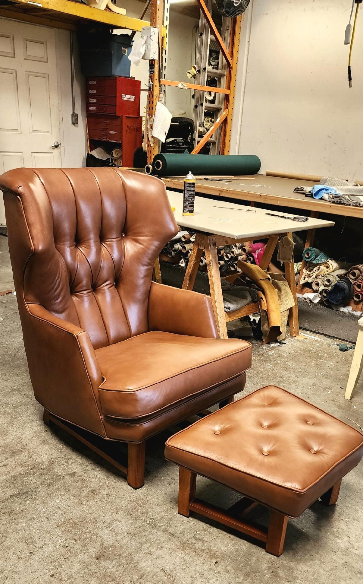 A beautifully redone and reupholstered wing back chair designed by Edward Wormley for Dunbar in the late 1950’s. I have included a couple of before photos of the construction. The legs are nicely sculpted with an angled side. They are made of walnut