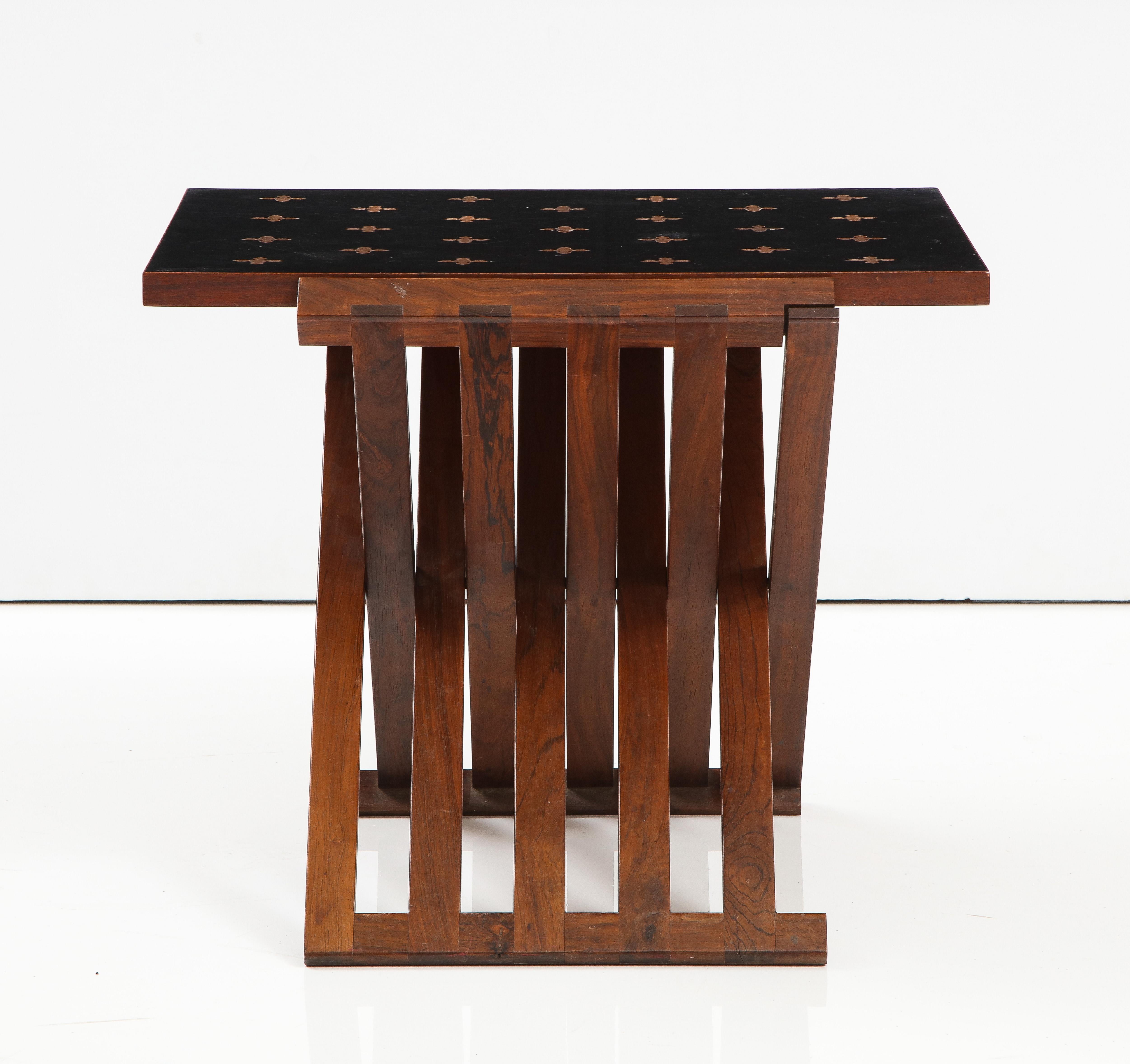 Edward Wormley design x-base folding side table for Dunbar, Model 5425. Made from the highest quality materials rosewood, walnut and a parquetry inlaid top handmade by the craftsman at Dunbar Furniture. A rare table that stands out in any interior