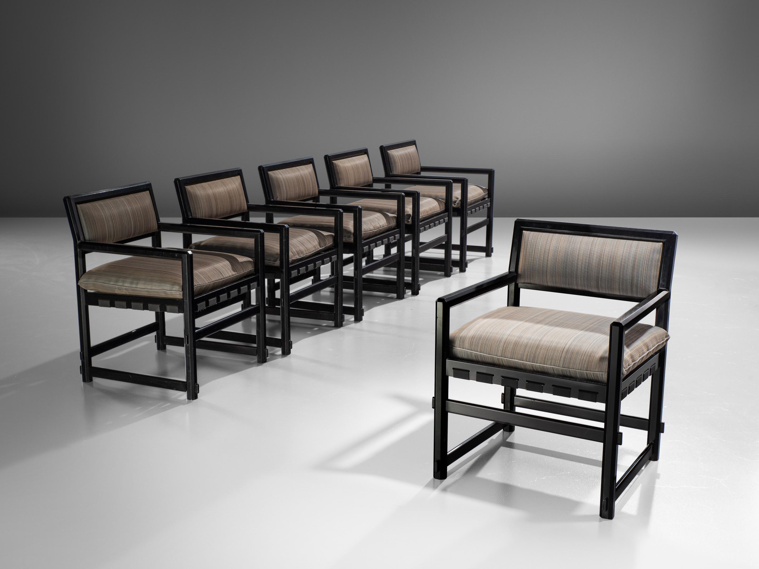 Edward Wormley for Dunbar executed by Mobilier Universel, Jules Wabbes, set of six armchairs, lacquered black wood and fabric, Belgium, 1960s.

This set of six grand armchairs is executed with a rare black lacquered frame and soft striped grey