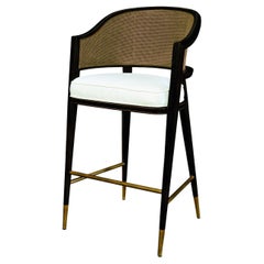 Edward Wormley Inspired Wood Grasse Bar Stool with Curved Cane Back and Brass