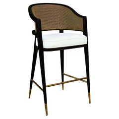 Edward Wormley Inspired Wood Grasse Bar Stool with Curved Cane Back and Brass