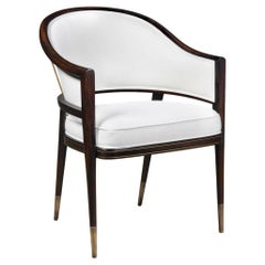Edward Wormley Inspired Wood Grasse Chair with Curved Upholstered Back and Brass