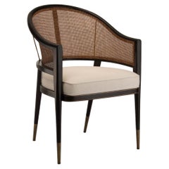 Edward Wormley Inspired Wood Grasse Chair with Round Cane Back and Brass Details