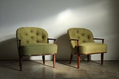Edward Wormley "Janus" Lounge Chairs in Chartreuse Linen for Dunbar, 1950s