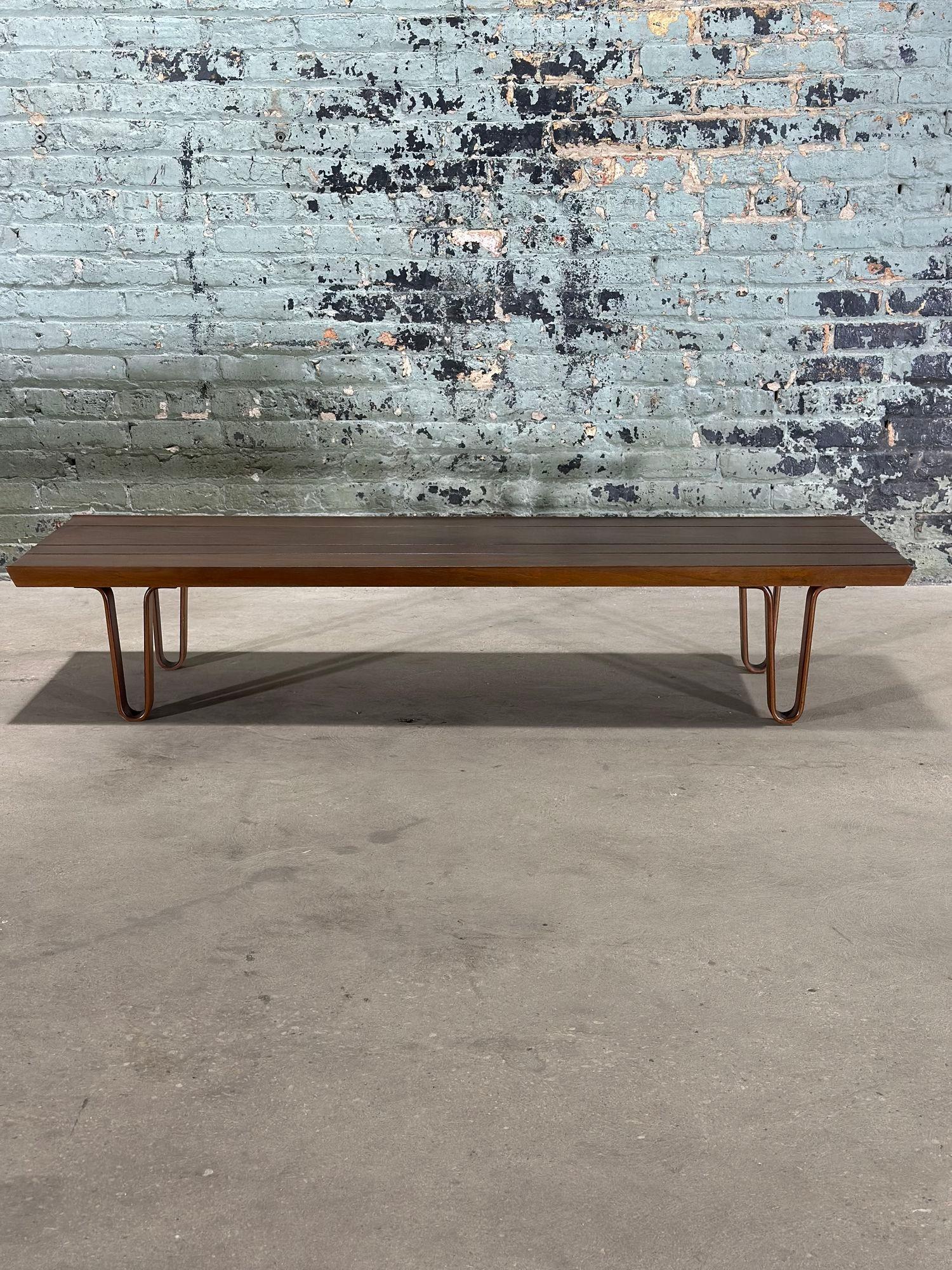 Edward Wormley Long John Bench by Dunbar, 1960. Bench has been completely restored.
Measures 59.75