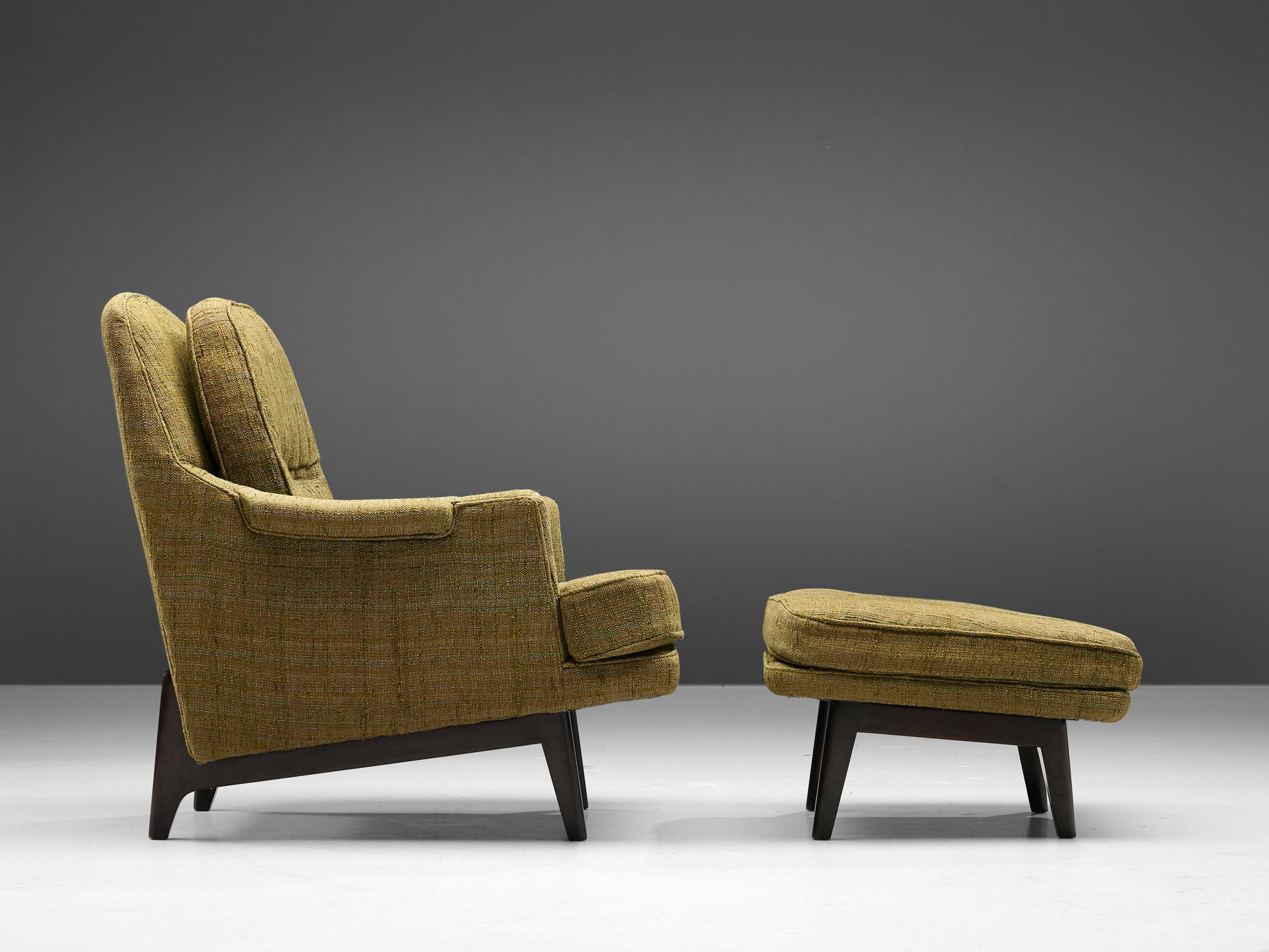 American Edward Wormley Lounge Chair with Ottoman in Green Upholstery