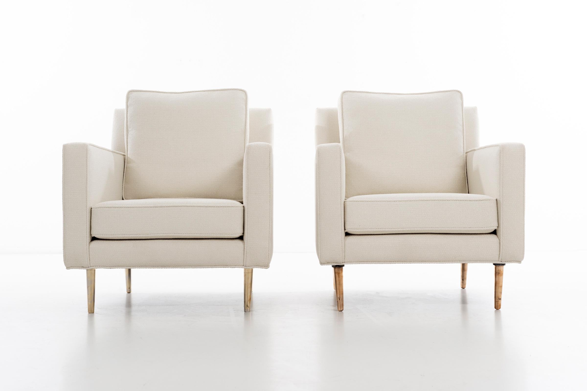 Wormley for Dunbar, classic pair of lounges, features; solid brass tapered legs, reupholstered with great plains woven wool blend.
Price is for pair.