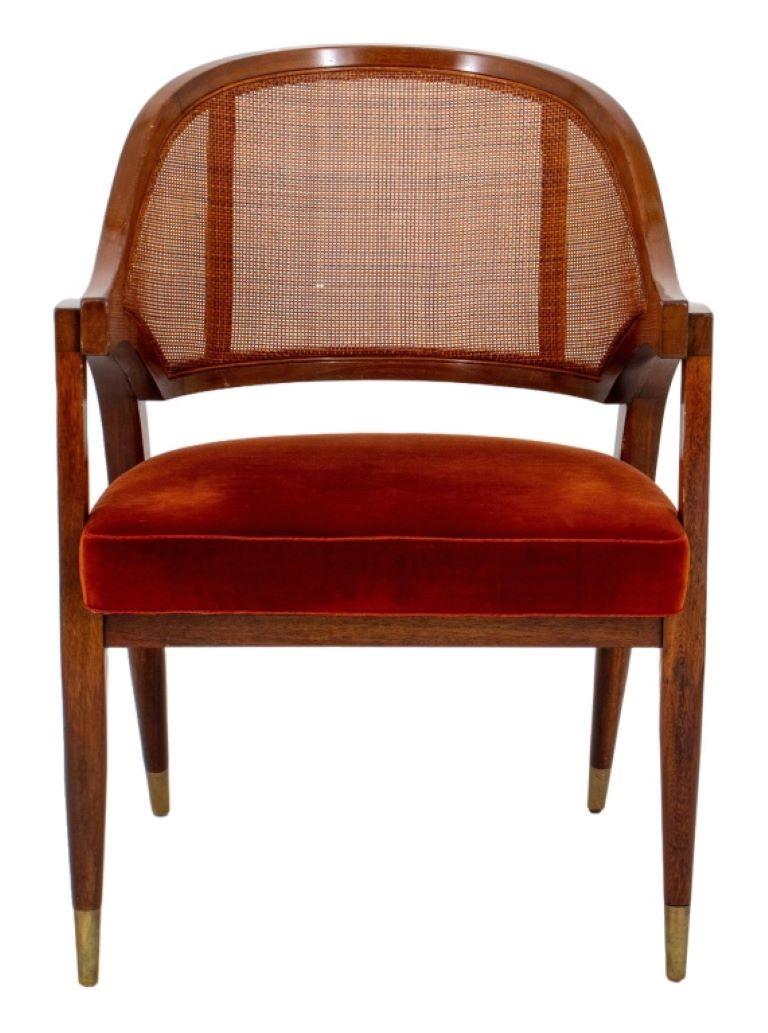 Edward Wormley Mahogany and Cane Paneled Armchair for Dunbar, the seat covered with orange velvet. 

Dealer: S138XX