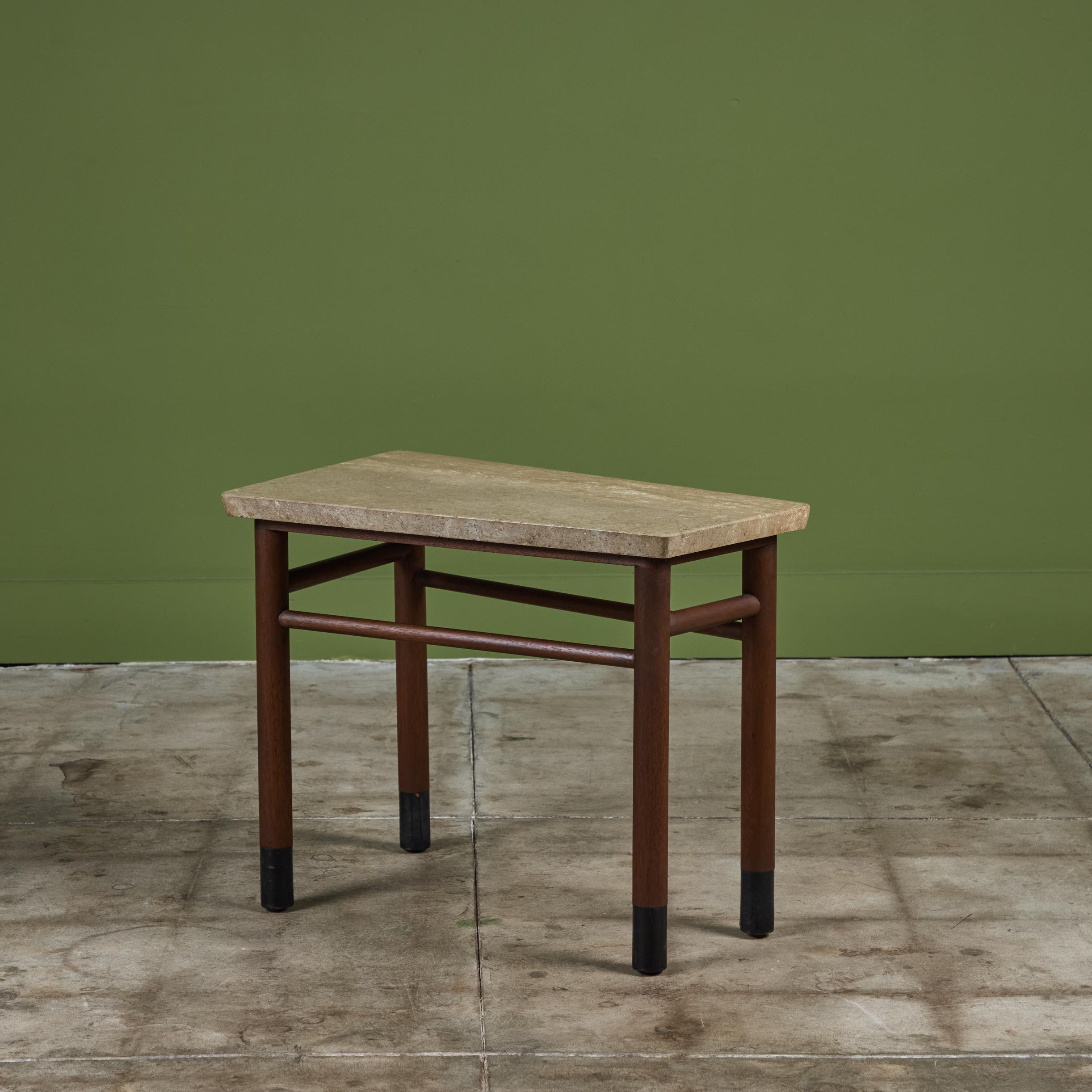 Wedge shaped side table by Edward Wormley for Dunbar, C.1950s, USA. This end table features a trapezoidal Carrera marble top, which sits atop dark contrasting mahogany legs with angled horizontal stretchers and leather wrapped feet. Retains original