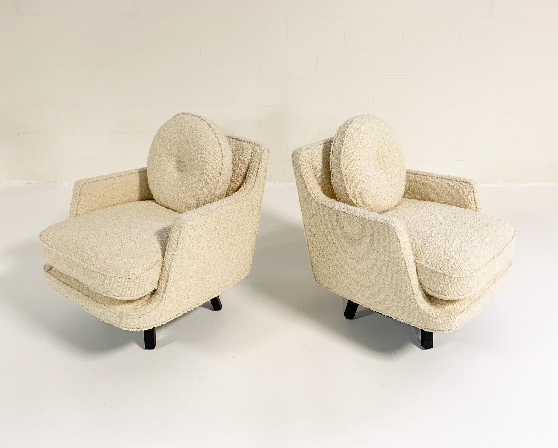 American Edward Wormley Model 5609 Swivel Lounge Chairs in Schumacher Boucle, Pair