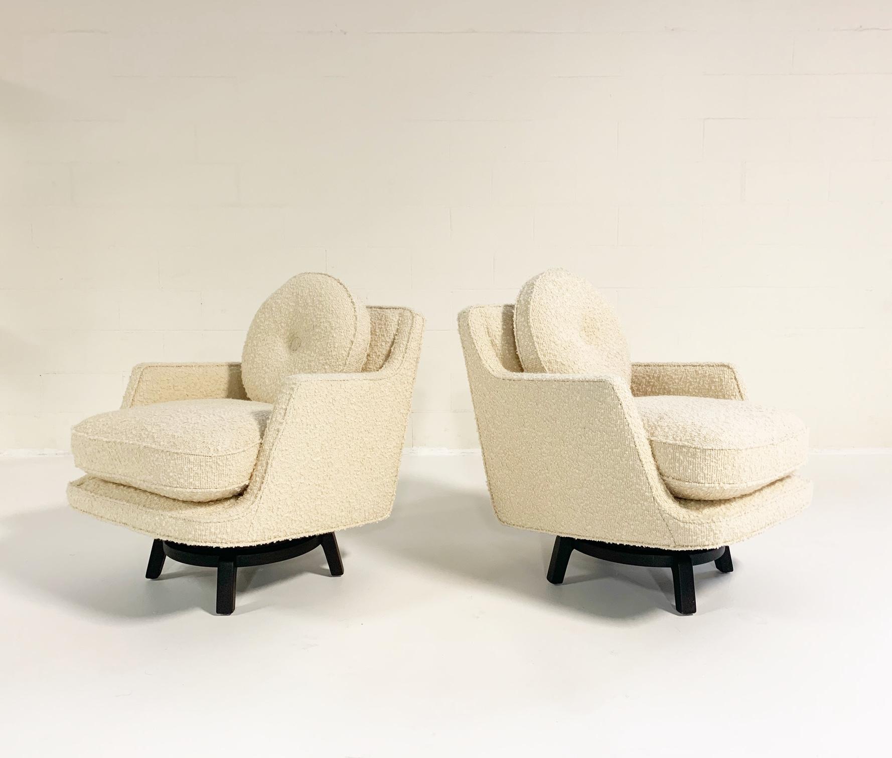 Mid-20th Century Edward Wormley Model 5609 Swivel Lounge Chairs in Schumacher Boucle, Pair