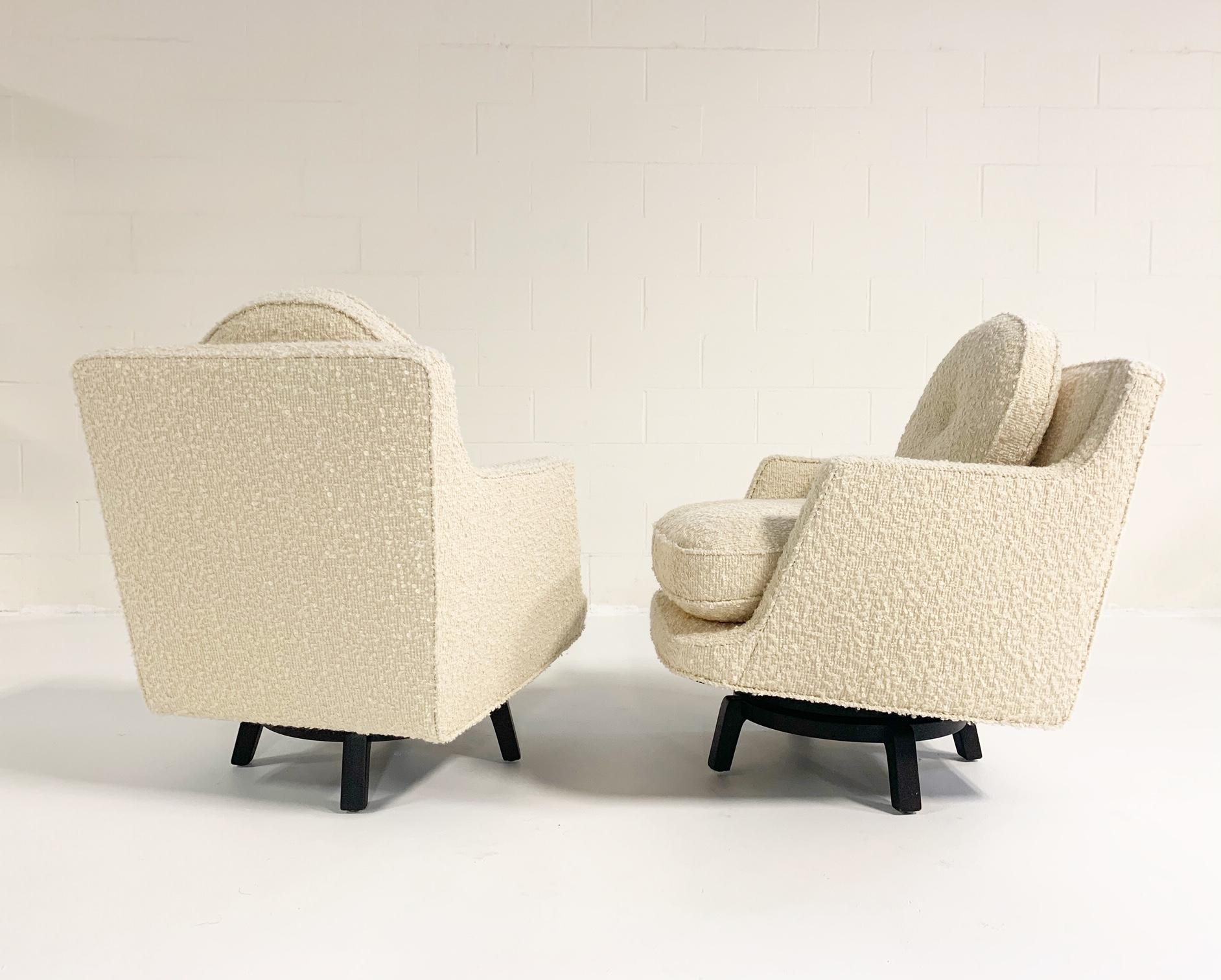 Bouclé Edward Wormley Model 5609 Swivel Lounge Chairs in Schumacher Boucle, Pair