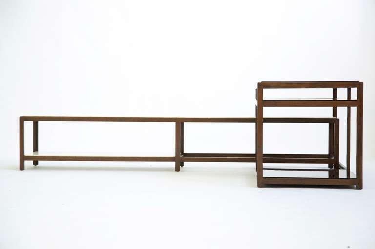 Edward Wormley for Dunbar nesting tables, Models 5404 This set is interlocking or can be separated, used as coffee tables, sofa table or a console.
Larger table measures 53.50