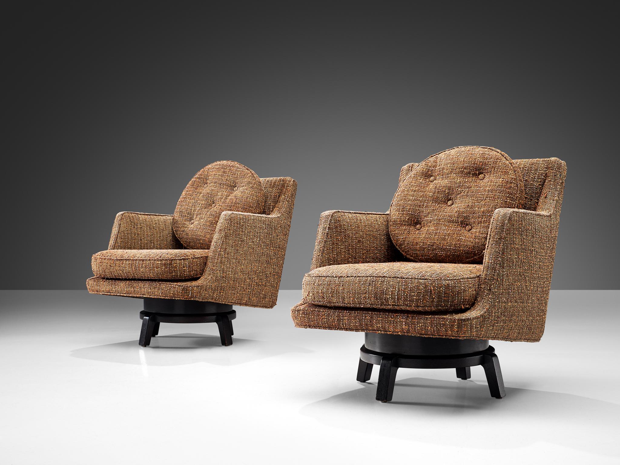 American Edward Wormley Pair of Swivel Chairs in Mahogany and Patterned Upholstery For Sale