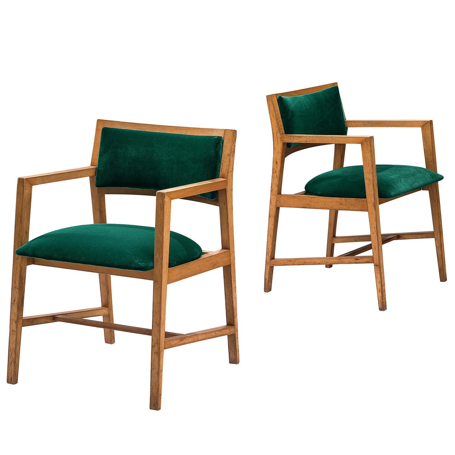 American Edward Wormley Pair of Armchairs in Green Velvet Upholstery For Sale