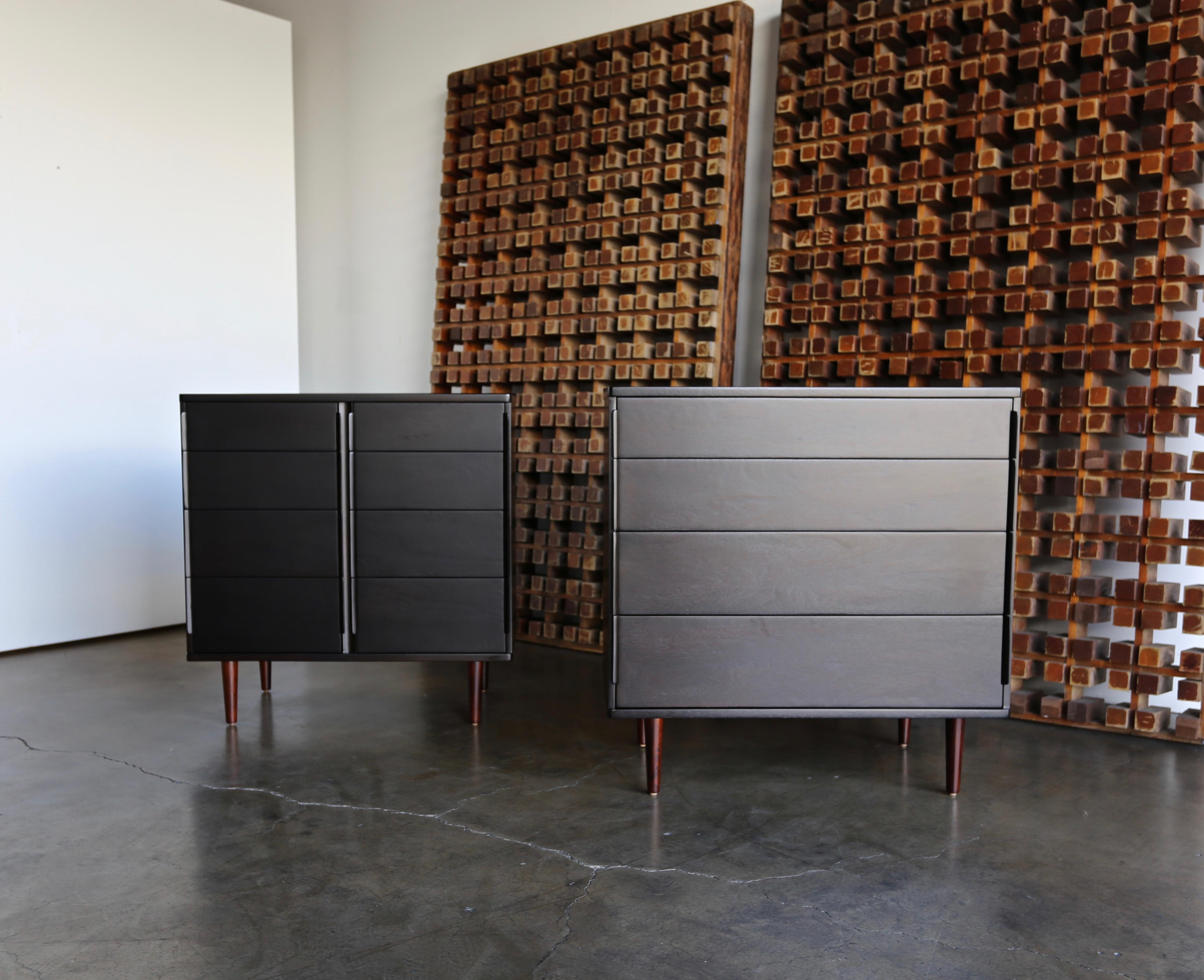 Pair of chest of drawers by Edward Wormley for Dunbar. Bentwood pulls with rosewood legs.