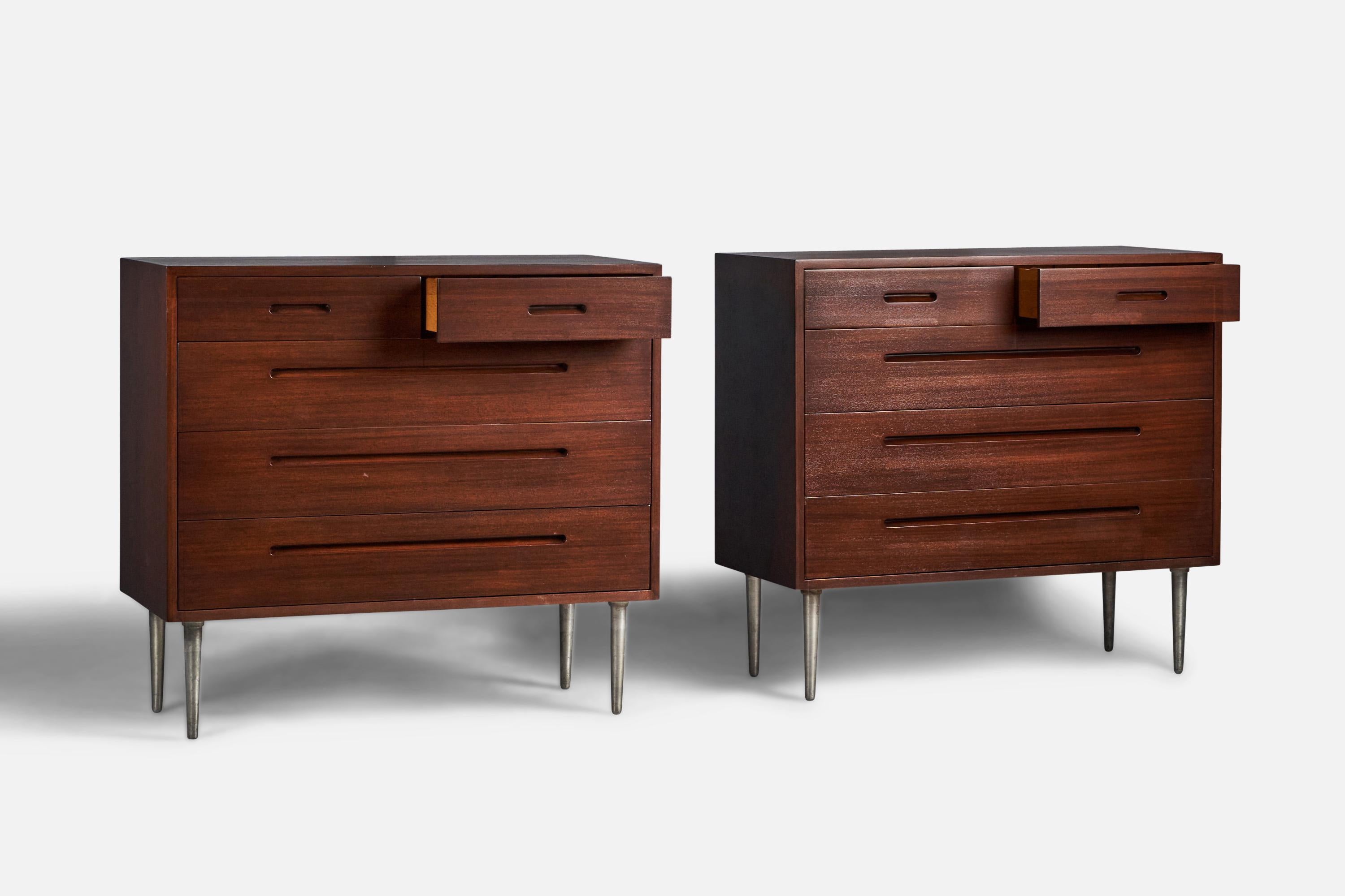 A pair of rare modernist cabinets or dressers. In stained walnut, legs in steel. Designed by Edward Wormley. Produced by Dunbar, Berne, Indiana, 1950s. 

Other designers of the period include Paul Frankl, Tommi Parzinger, Milo Baughman, and Harvey