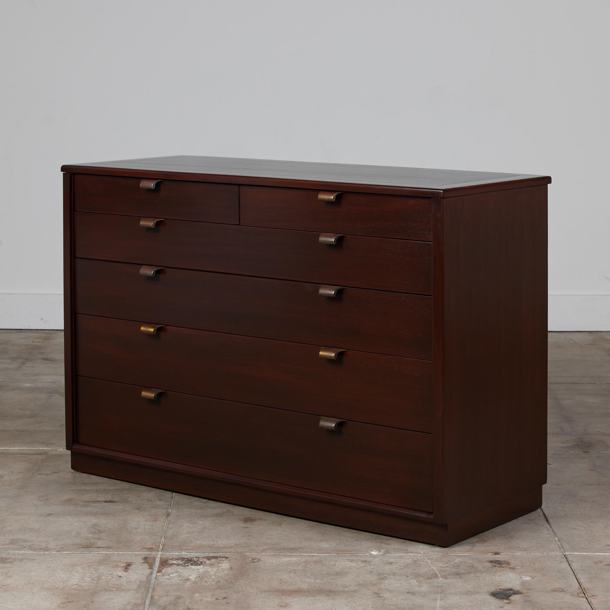 Small chest of drawers from Drexel’s notable Precedent line, one of the few collections Edward Wormley produced outside of his work with Dunbar. The stately collection comprised over 100 pieces for each room of the home, featuring proprietary curled