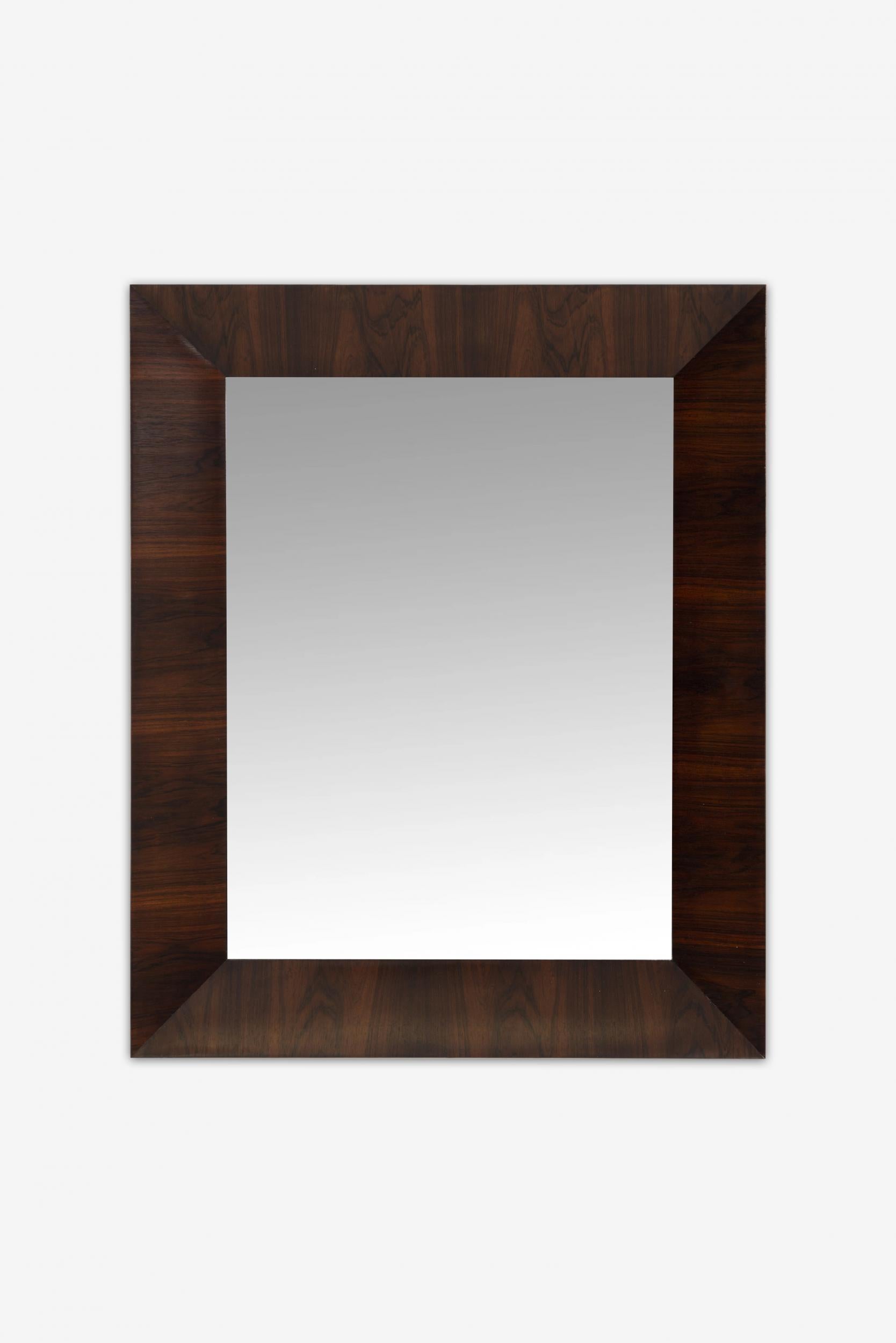 Edward Wormley rosewood mirror, rare model 4462, highly figured grained rosewood. Beveled design picture frame style.
Can be displayed vertical or horizontal.
Signed with label on backside and branded Dunbar.