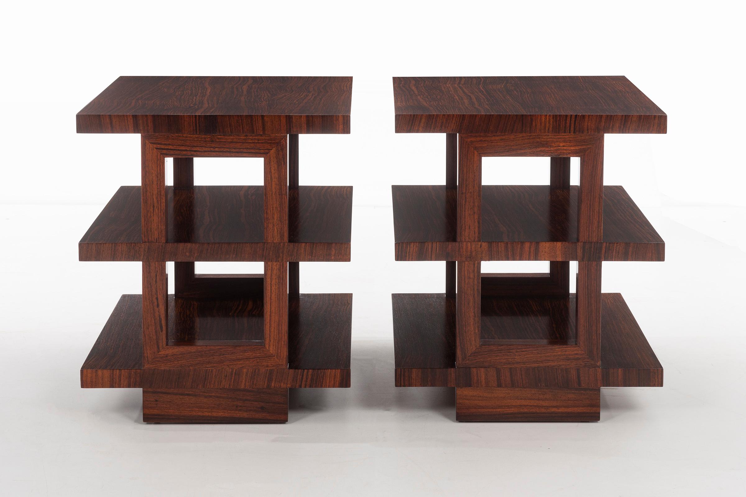 Wormley for Dunbar exceptional lamp tables, greatly figured graining rosewood.
Branded 