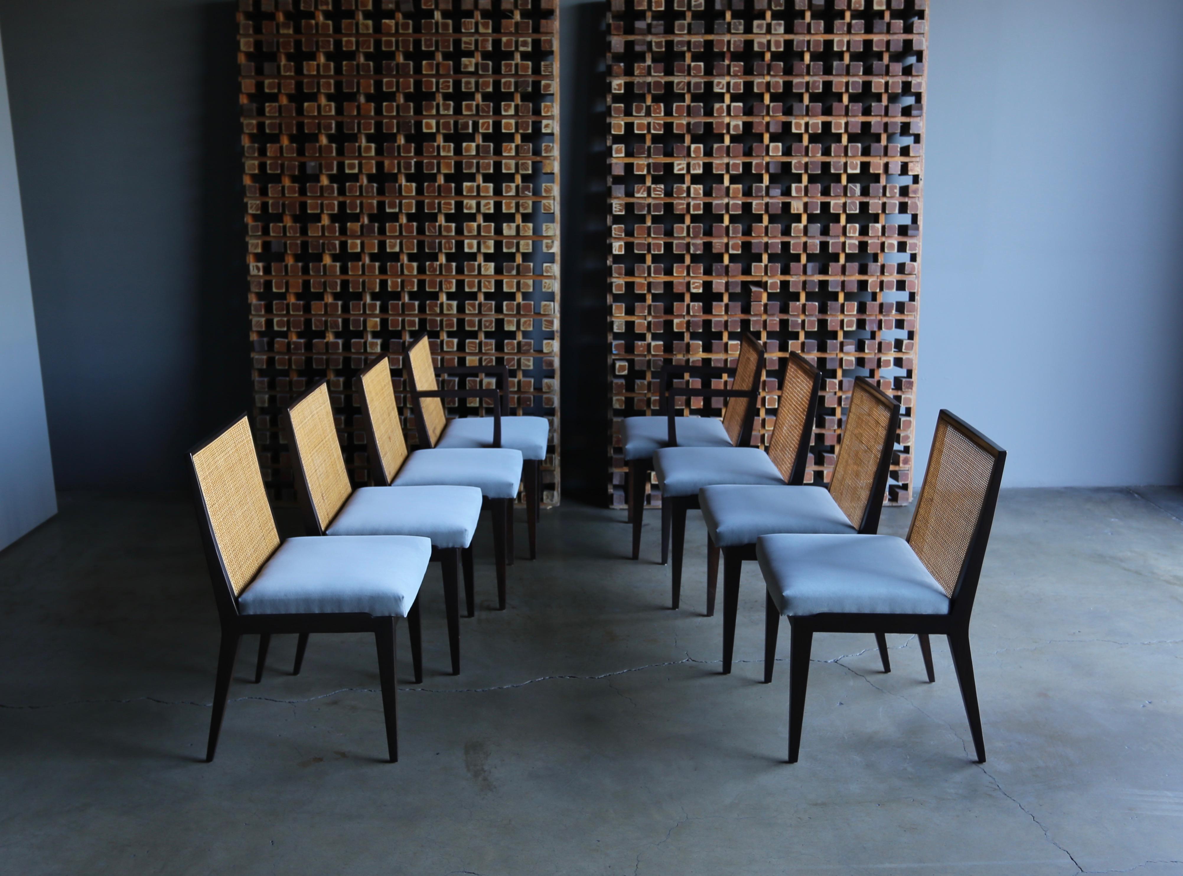 Edward Wormley set of eight caned dining chairs for Dunbar, circa 1955. 

New Kravet seal gray velvet upholstery. 

Each armchair measures: 21.25
