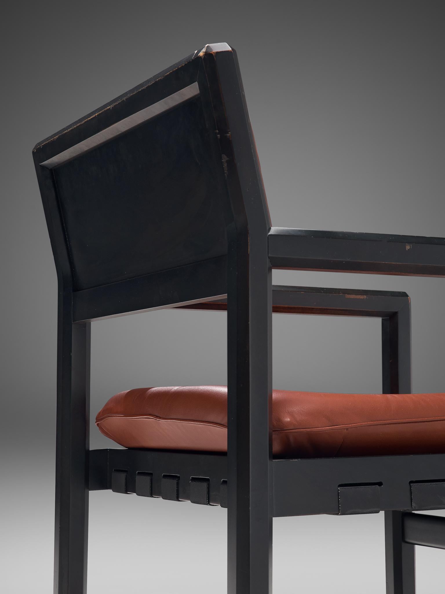 Juego de ocho sillas de comedor Edward Wormley de cuero marrón rojizo Belga en venta