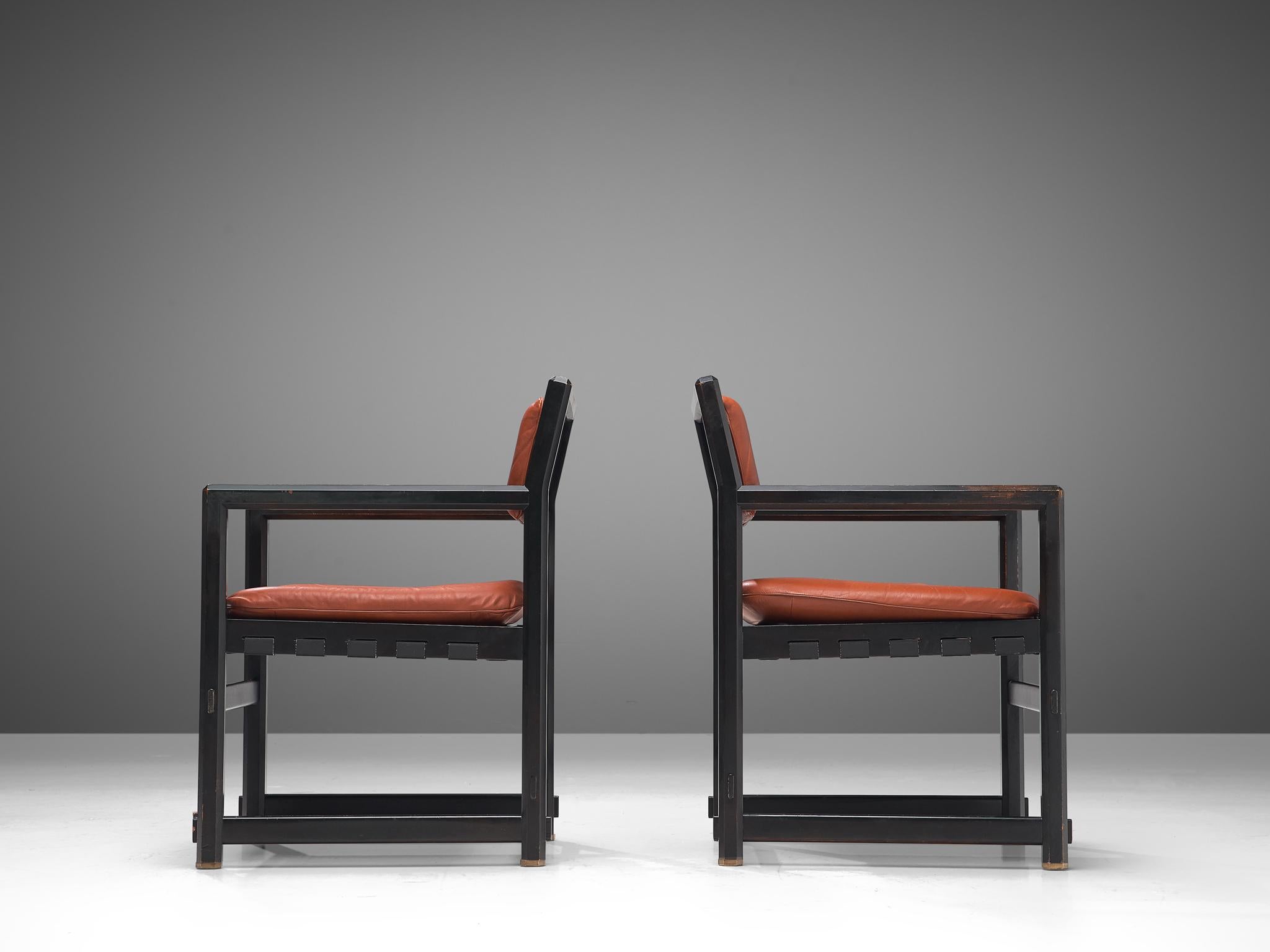 Juego de ocho sillas de comedor Edward Wormley de cuero marrón rojizo en Bueno estado para la venta en Waalwijk, NL