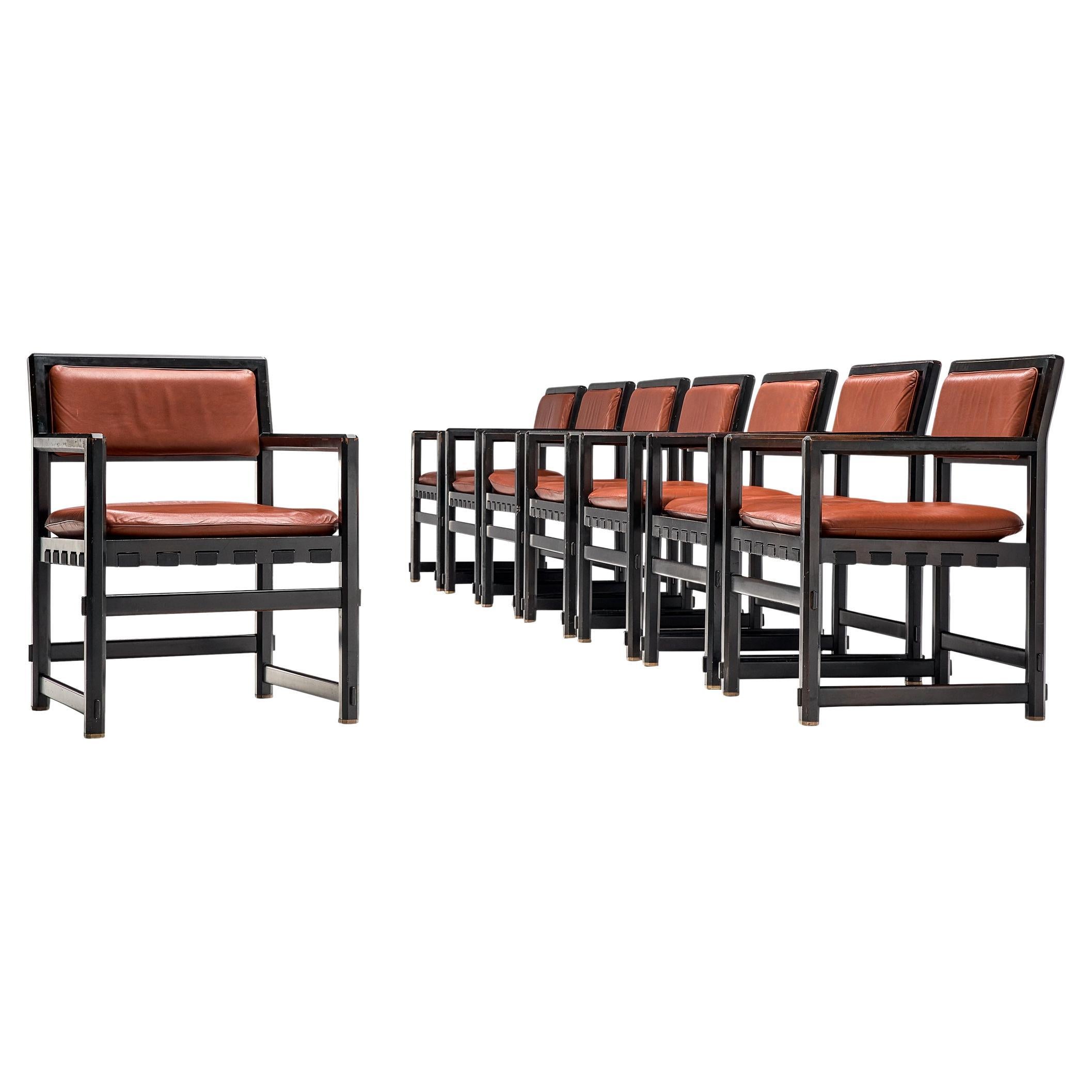 Edward Wormley Ensemble de huit chaises de salle à manger en cuir rouge Brown