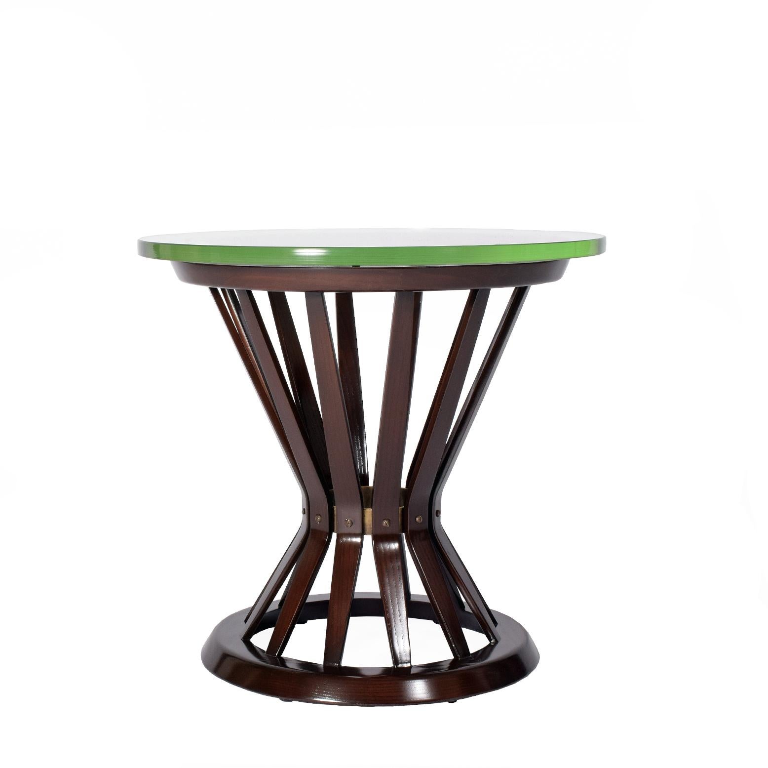 Side table made of laminated ash solid brass ring original green glass Dunbar gold tag wood restored.