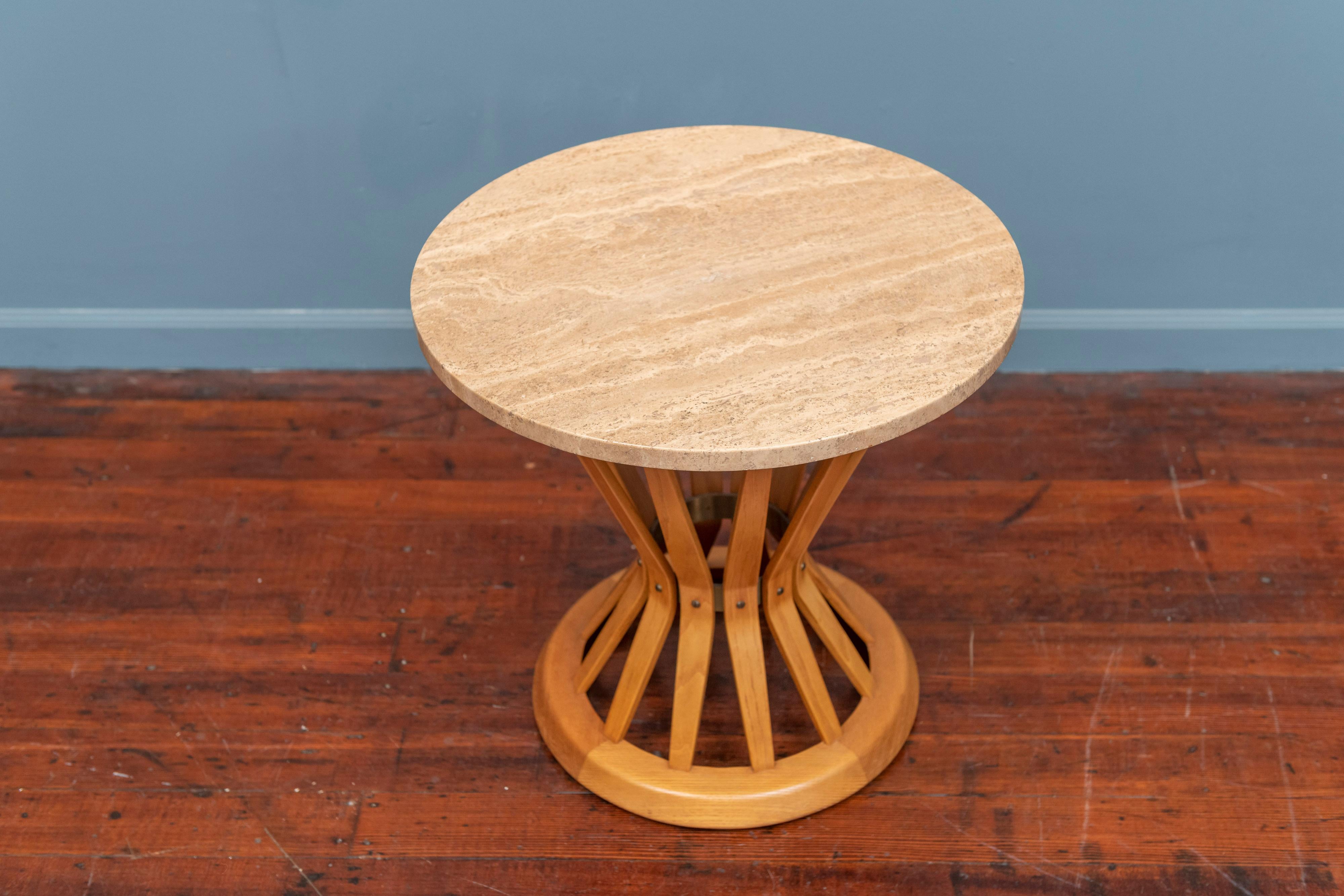 Edward Wormley design sheaf of wheat table for Dunbar Furniture, Berne Indiana.
Lovely one owner travertine top side table in excellent original condition, labeled.