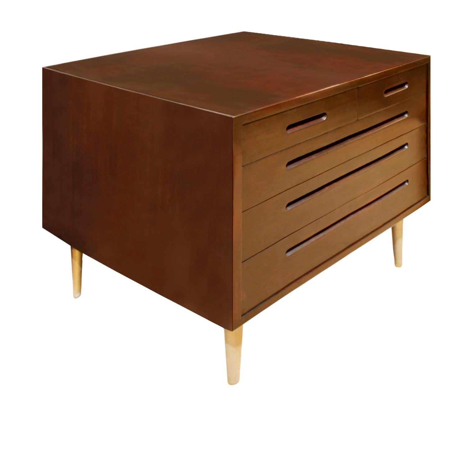 Rare side table with chest in mahogany with recessed pulls and conical brass legs by Edward Wormley for Dunbar, American 1940s (signed on drawer with Dunbar tag). This is a rare Wormley side table.