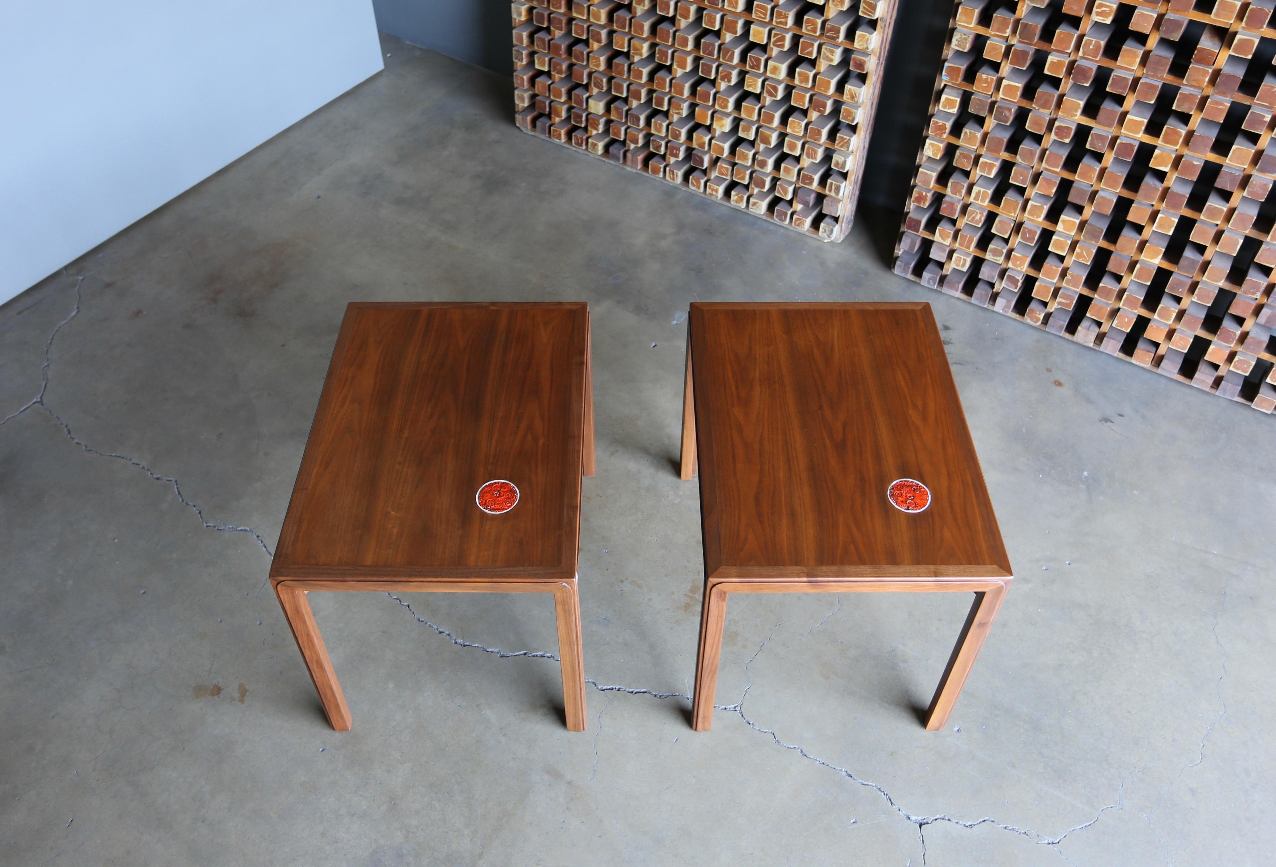 Ceramic Edward Wormley Side Tables for Dunbar with Natzler Tiles, circa 1955