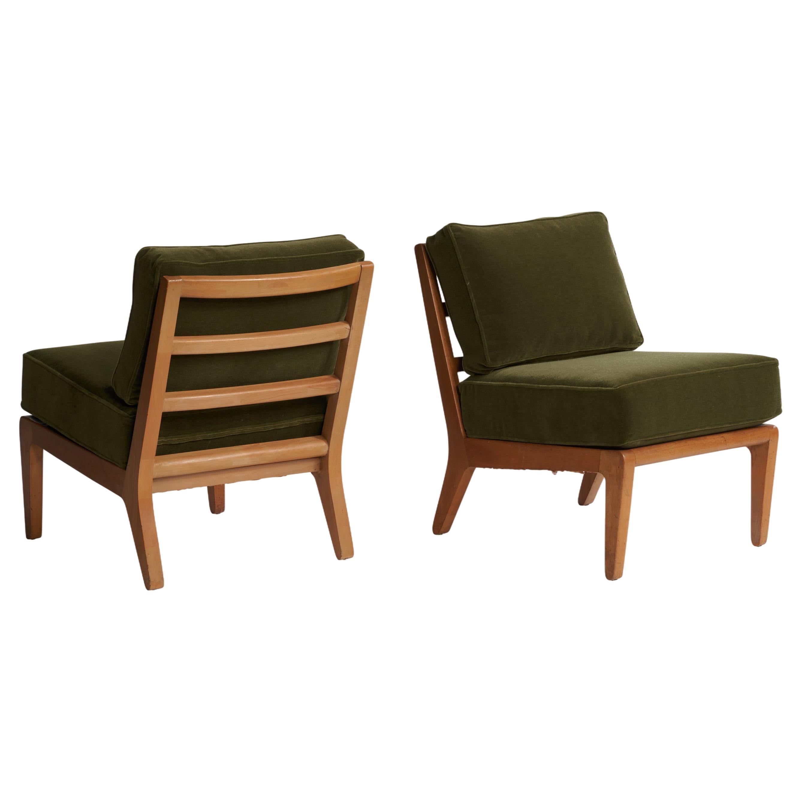 Edward Wormley, Slipper Chairs, Beech, Mohair, USA, 1950s